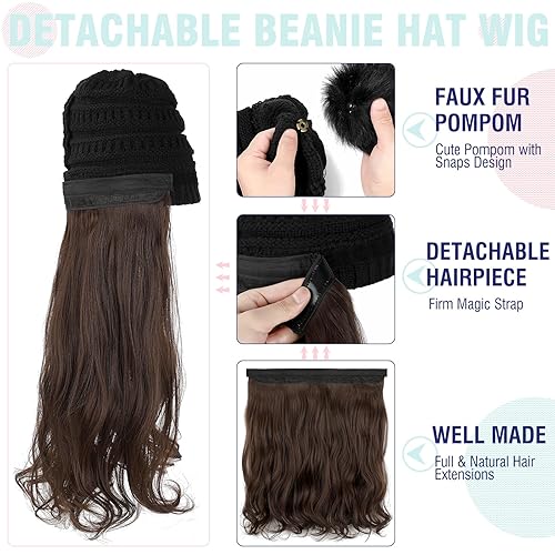 Miniatura 4 de Lansigreen Gorro con peluca, gorro con cabello, extensiones largas onduladas, gorro de punto con pompones, 20 pulgadas, sintético, extraíble, para