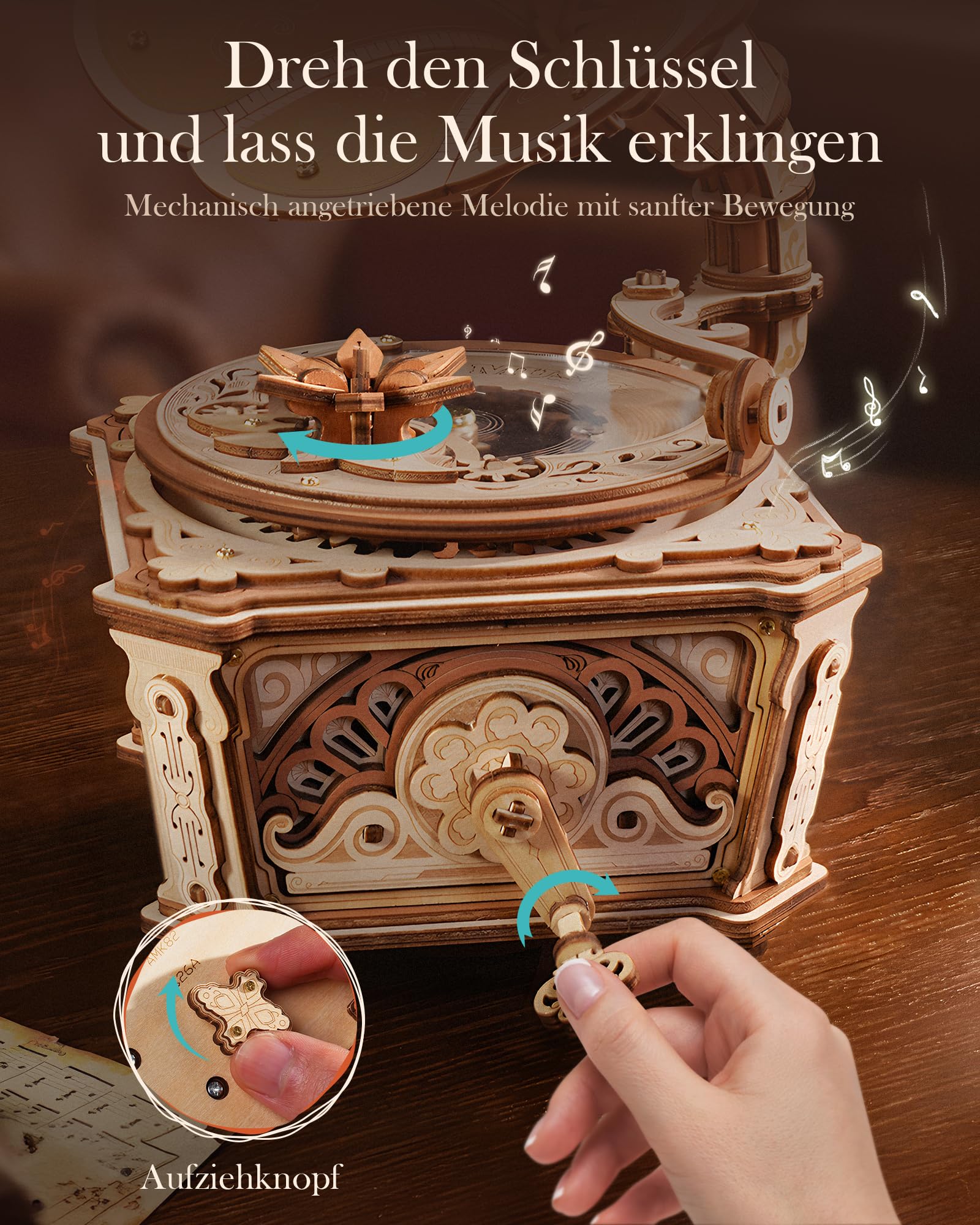 Robotime Spieluhr Grammophon, DIY, 3D-Puzzle aus Holz für Erwachsene, mechanisches Vintage-Modell mit beweglichen Zahnrädern, drehbares Tablett, kreatives Schreibtisch-Dekoration, Geschenk, 200 Teile