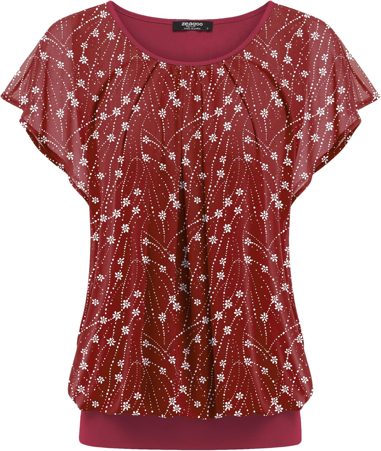Zeagoo Damen Bluse Batwing Bluse Shirts Kurzarm Tunika Top Blumen Mesh Oberteile Rundkragen T-Shirt Bluse S-XXL