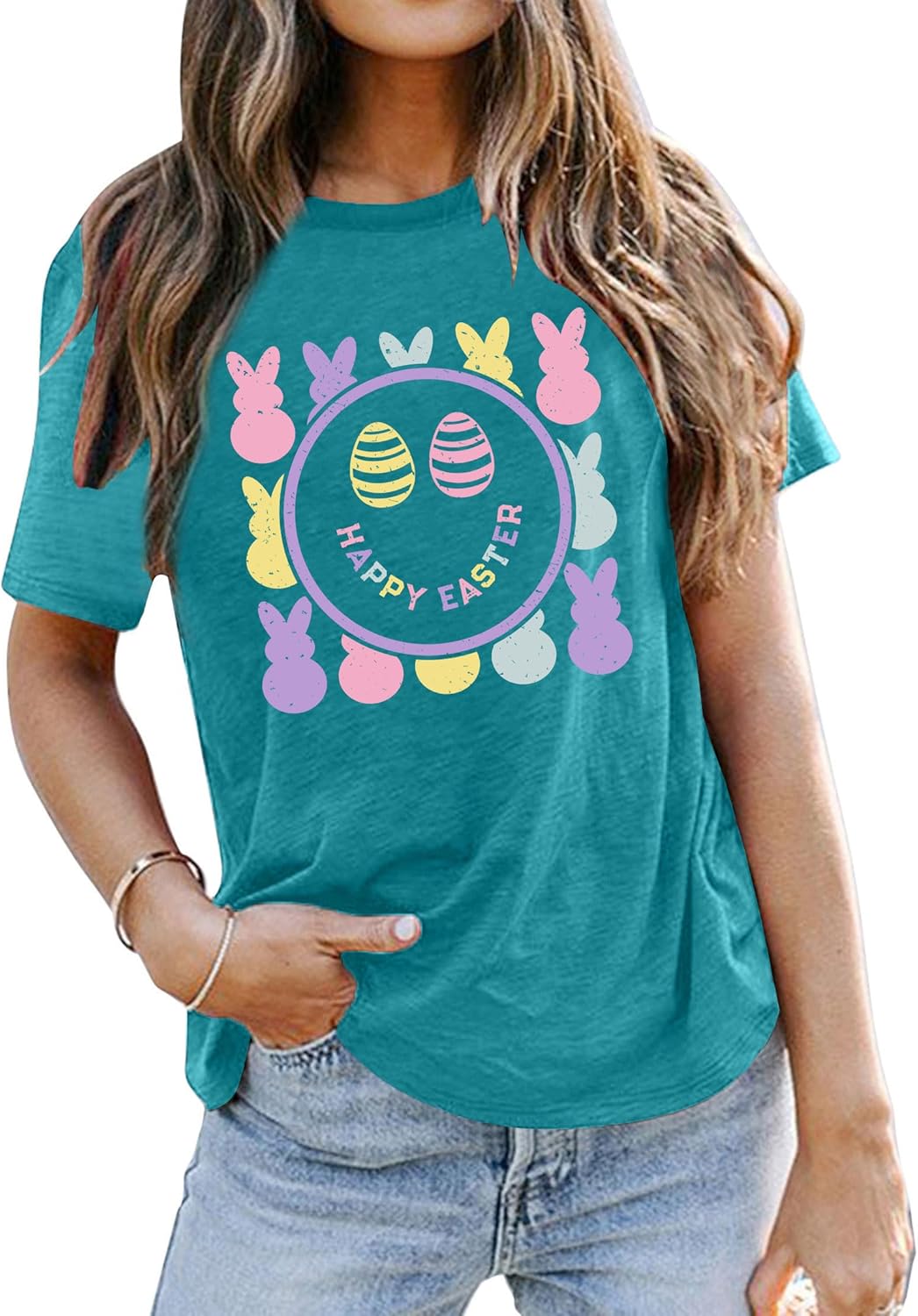 Easter Shirts for Women: Happy Easter Bunny T Shirt Funny Bunny Eggs Graphic Tees Casual Easter Tops - Image 2