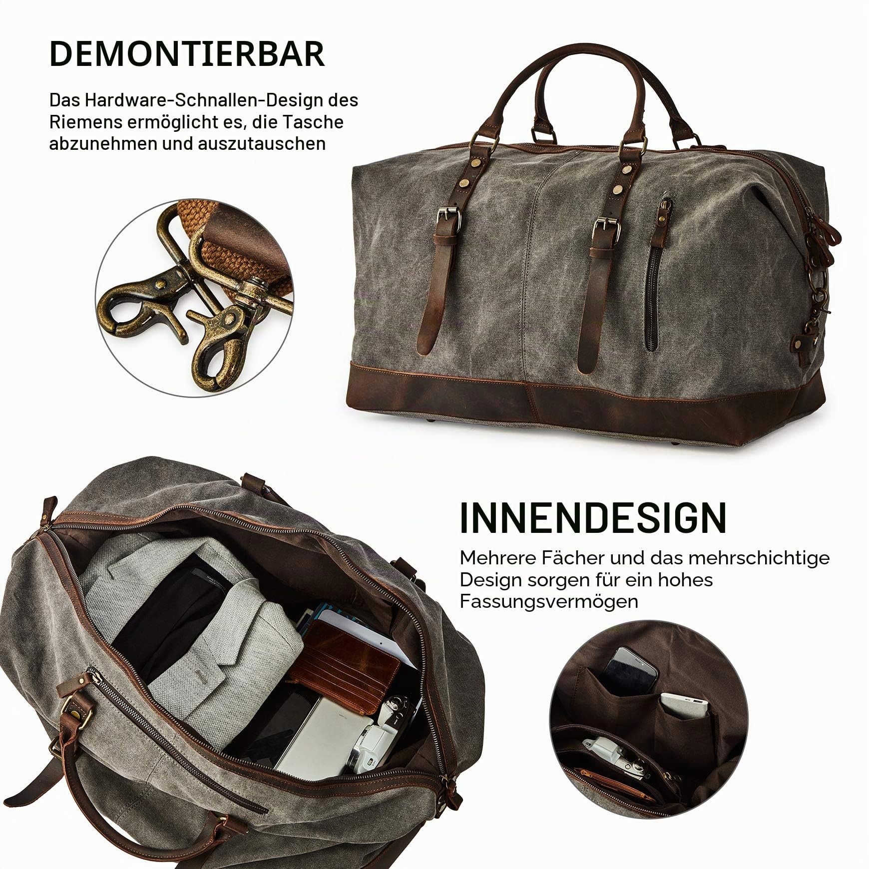 Vintage Reisetasche aus gewachstem Segeltuch und Leder, Wasserdicht Sporttasche mit Schuhfach, Handgepäck Verstellbar Schultergurt für Damen und Herren, Grau