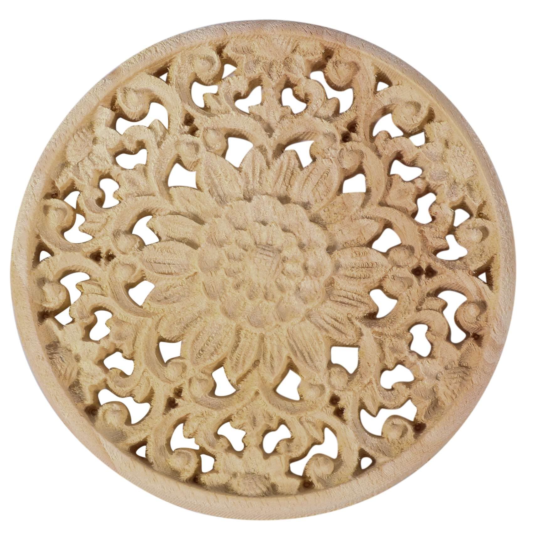 Icechen Carved Flower Carving Round Wood Appliques For Furniture Cabinet Unpainted Wooden Mouldings Decal Decorative Figurine