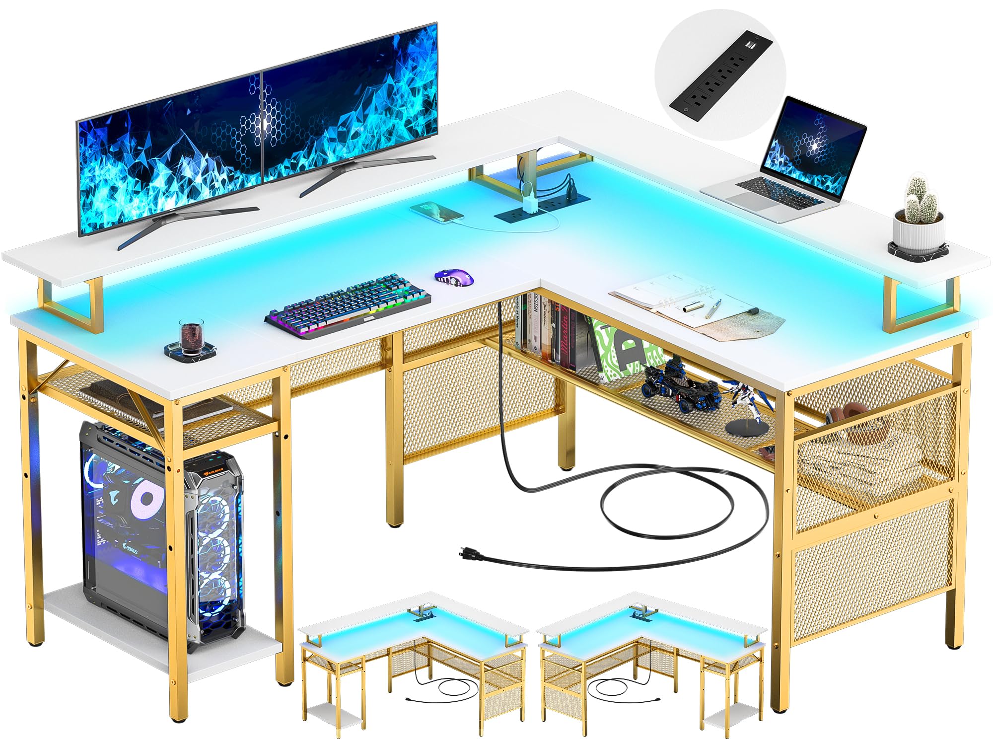 Unikito L Shaped Desk with LED Strip and Power Outlets, Reversible Corner Computer Desks with Monitor Stand and Storage Shelf, L- Shaped Gaming Table, Home Office Desk with USB Ports, White and Gold