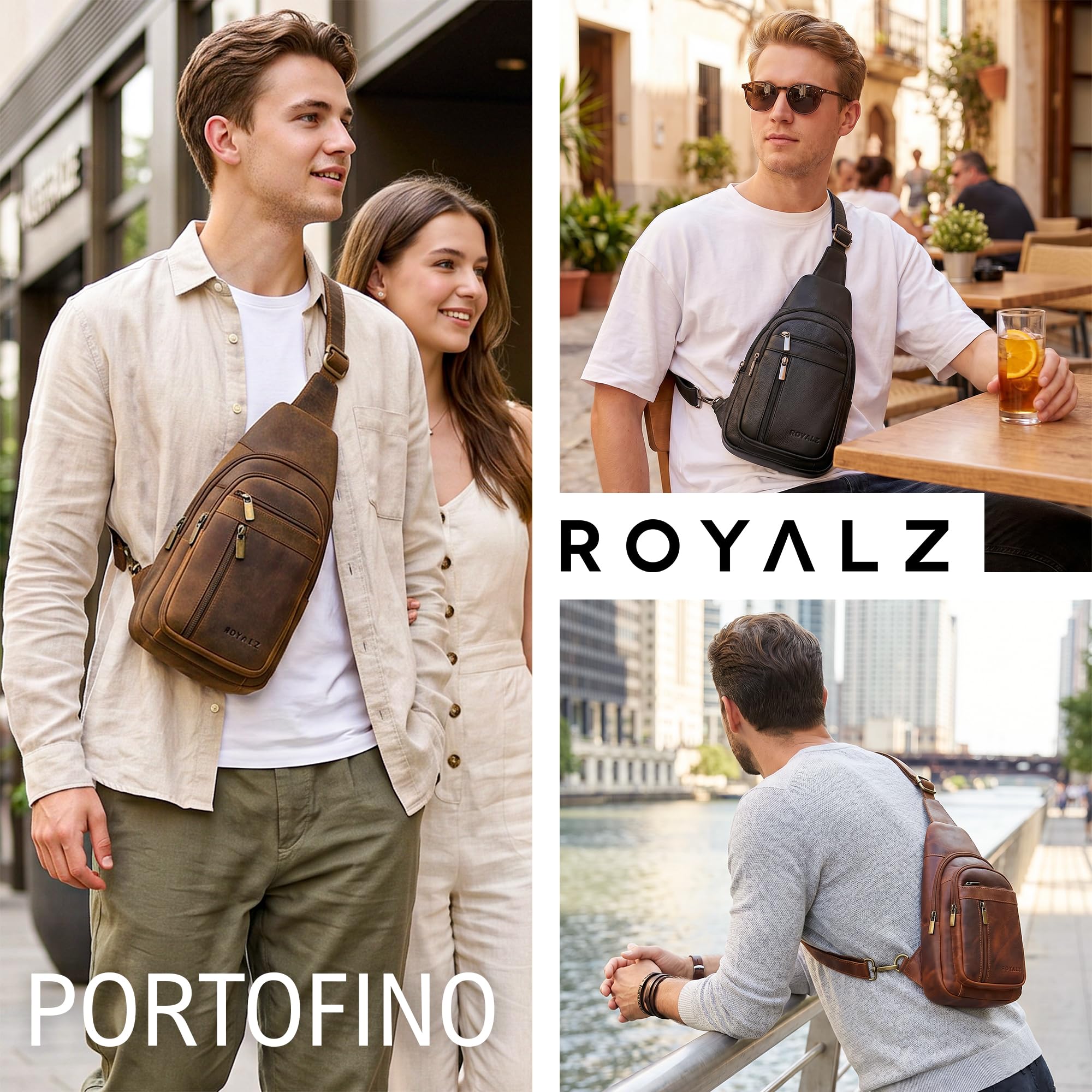 ROYALZ "Portofino" Zaino Monospalla Uomo Pelle Vera - Crossbody Bag Borsello a Tracolla Piccolo Moderno - Marsupio Antifurto per Viaggio e quotidiano