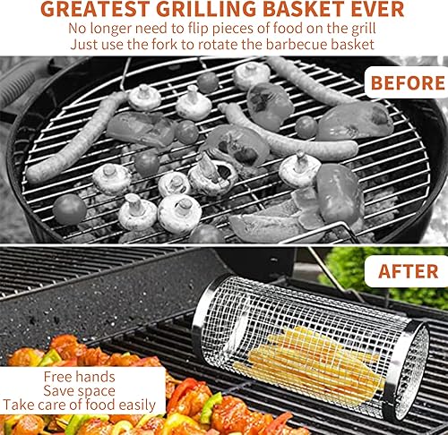 Miniatura 7 de 2 mallas redondas de acero inoxidable para parrilla, cesta de parrilla rodante, cesta de barbacoa de campamento, malla de acero inoxidable para