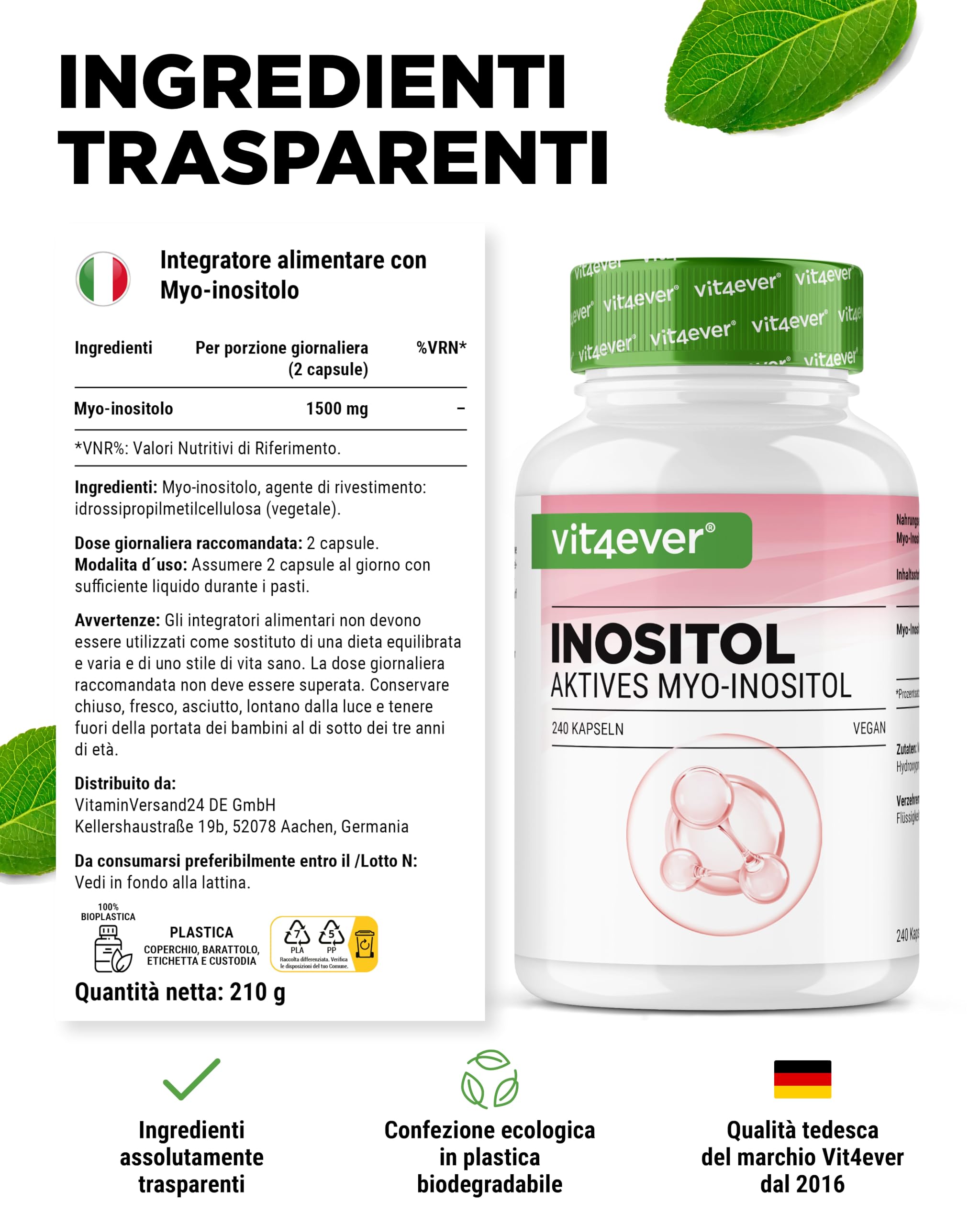 Myo-inositolo 1500 mg al giorno – 240 capsule vegane ad alto dosaggio – Inositolo puro come componente importante del metabolismo cellulare – Senza additivi non necessari