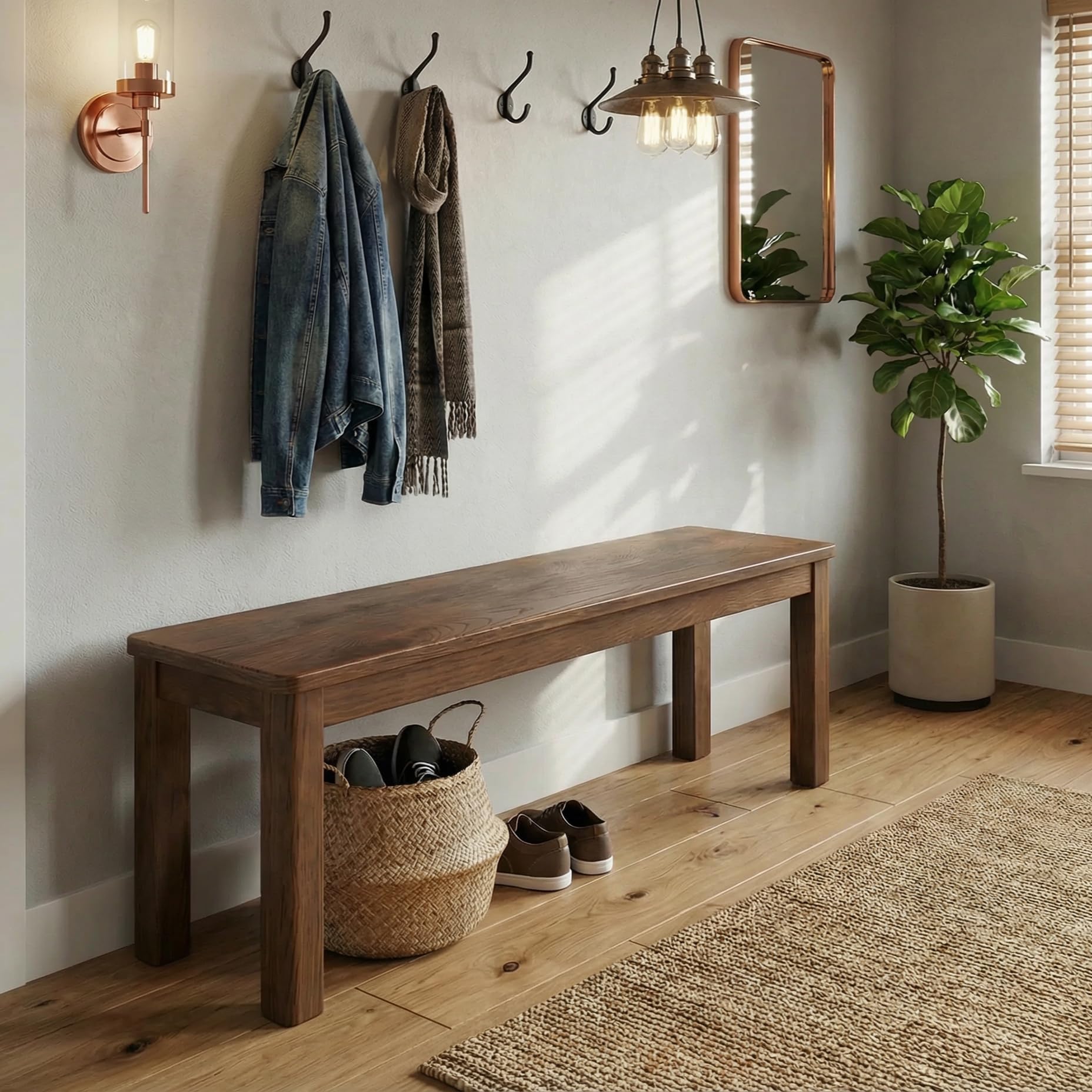 100% Solid Oak Wood Dining Bench, 39.6'' Entryway Bench Extra Chair Seat Long Ottoman with Squre End & Round Corner for Kitchen Living Room Bedroom, Walnut