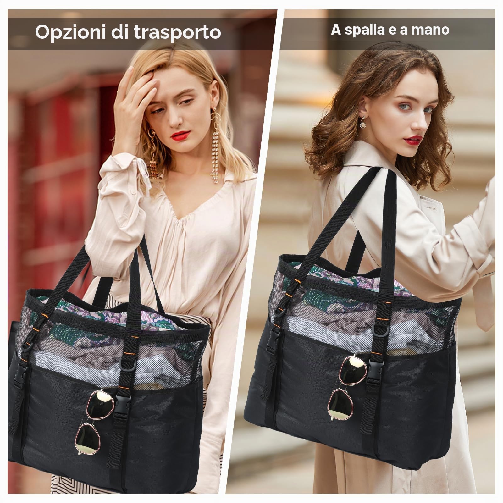 Cozary Borsa Mare Grande 40L, Borsa da Spiaggia Impermeabile con Rete Traforata & Cerniera sul Fondo per la Sabbia - Pieghevole, 6+1 Tasche per Piscina, Viaggi, Sport