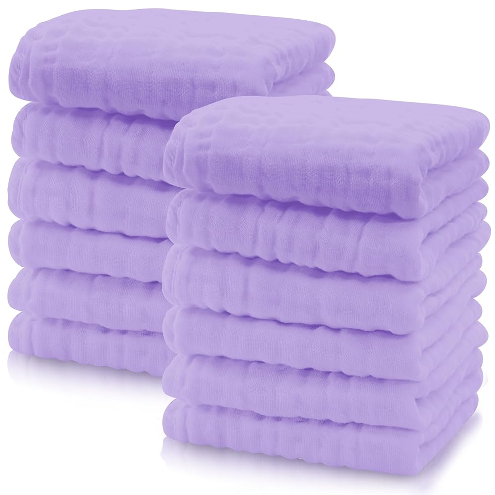 Cute Castle 12 Pack Muslin Baby Washcloths - Large 12\'\' by 12\'\' - Ultra Soft 100% Cotton - Super Absorbent Burp Cloths for Unisex, Boy, Girl -Purple