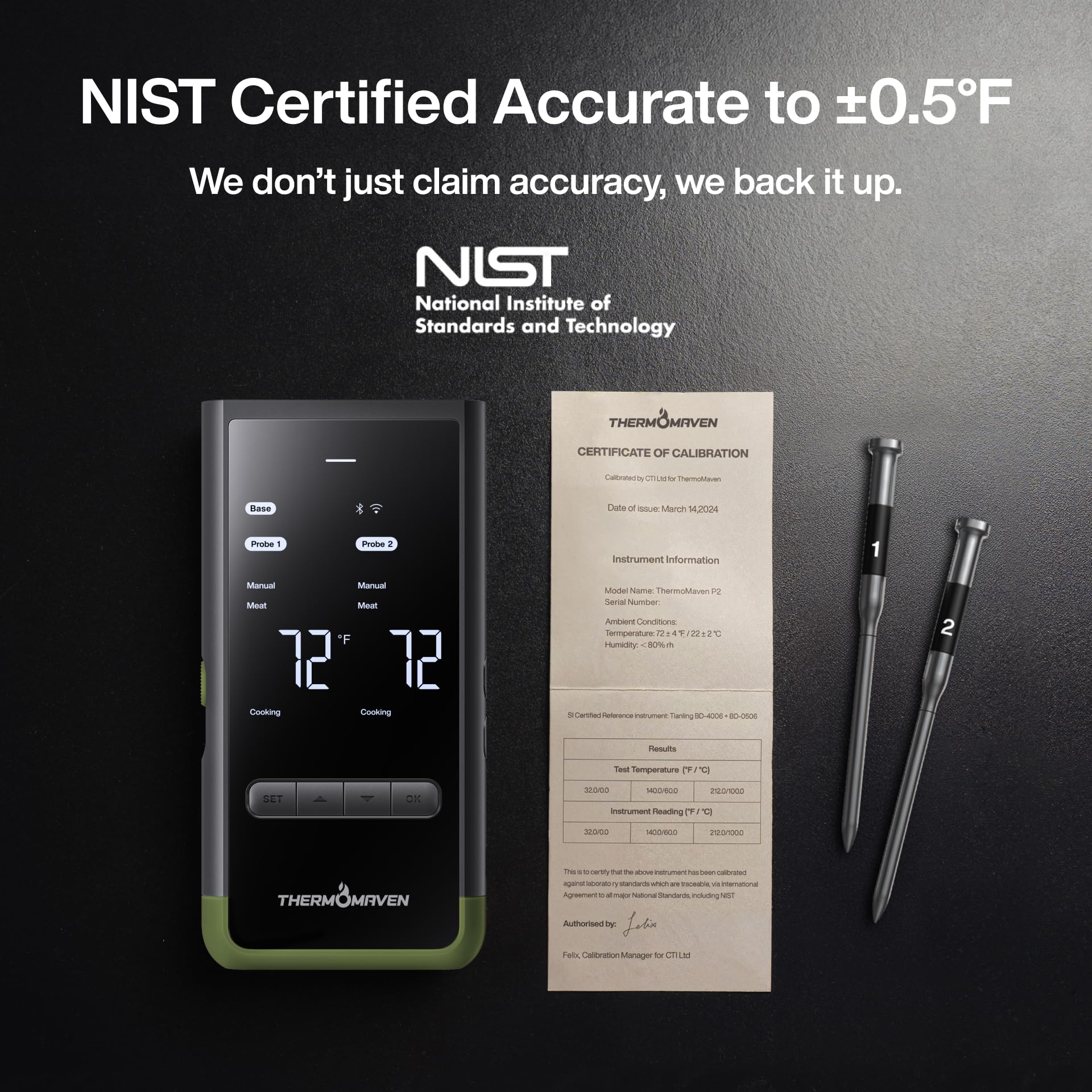 ThermoMaven Smart Bluetooth Wireless termometro per carne: base standalone, portata illimitata WiFi, 6 sensori con precisione certificata NIST, 2 sonde per cucina, barbecue, forno, affumicatore,