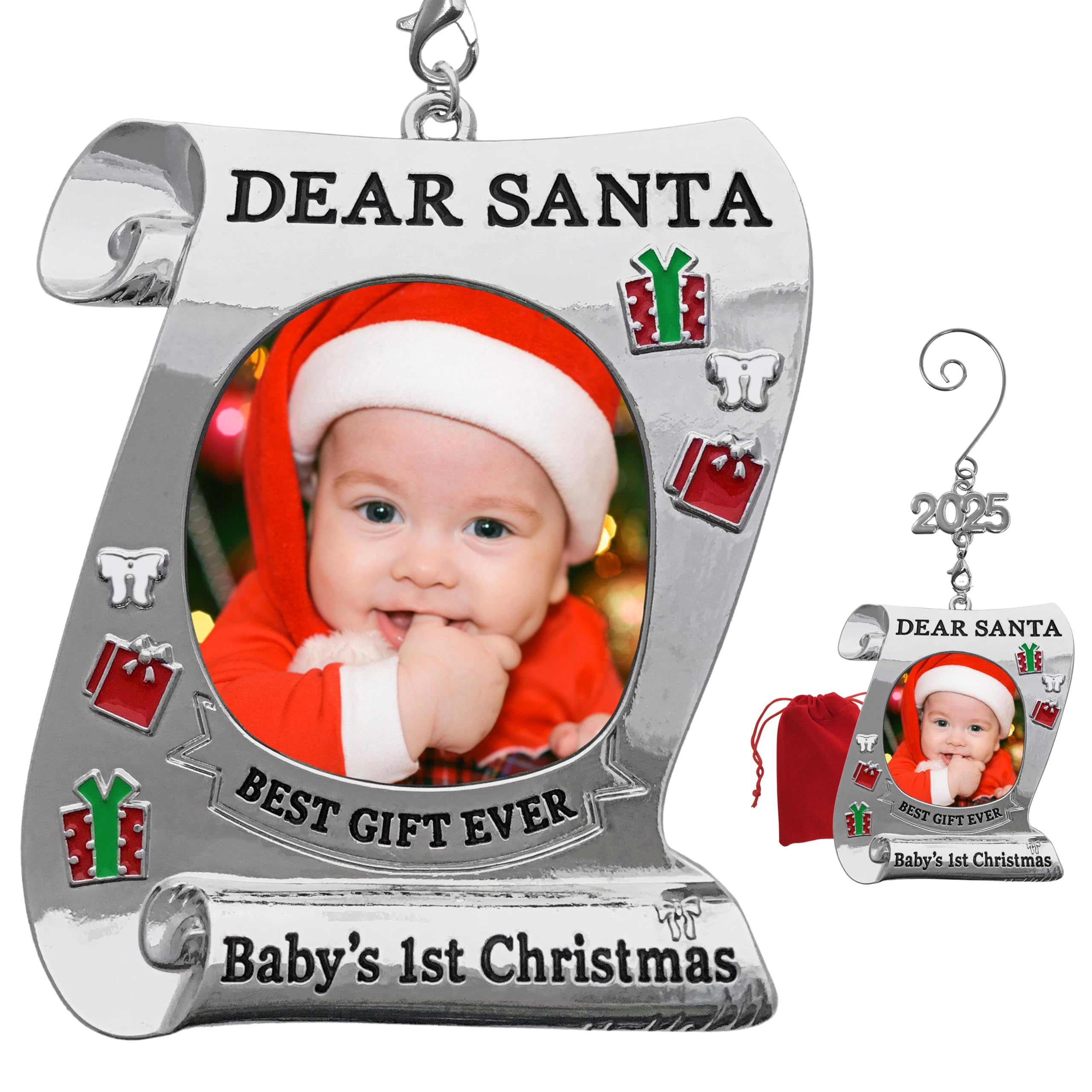 Baby's First Christmas Keepsake Photo Ornament - 2025 Dated Ornament for Newborn - Dear Santa Picture Holder - Baby 1st - Gift/Storage Bag Included