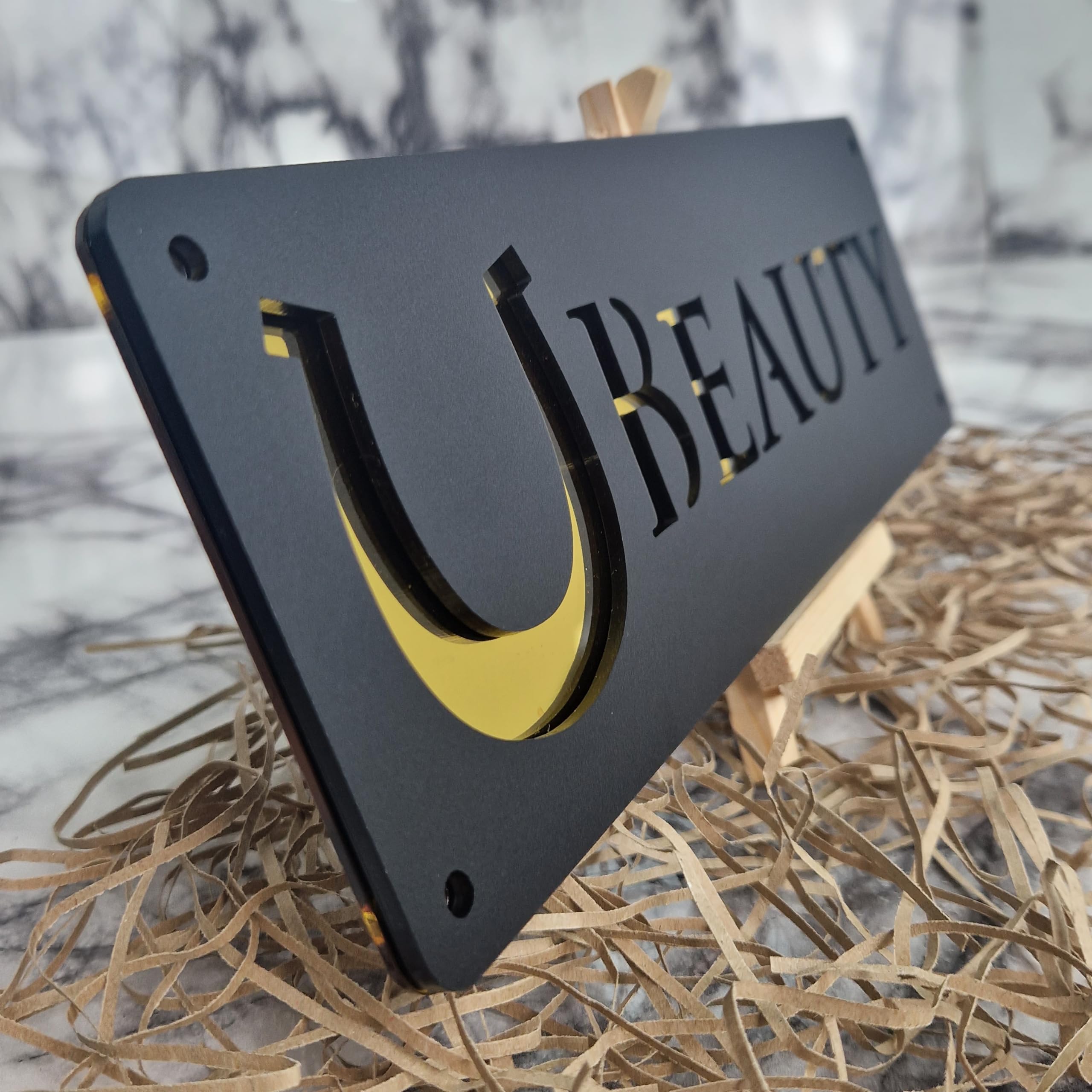 Personalised Horse stable Pony laser cut black mirror Personalised name door plate sign (L1-Horse Shoe)