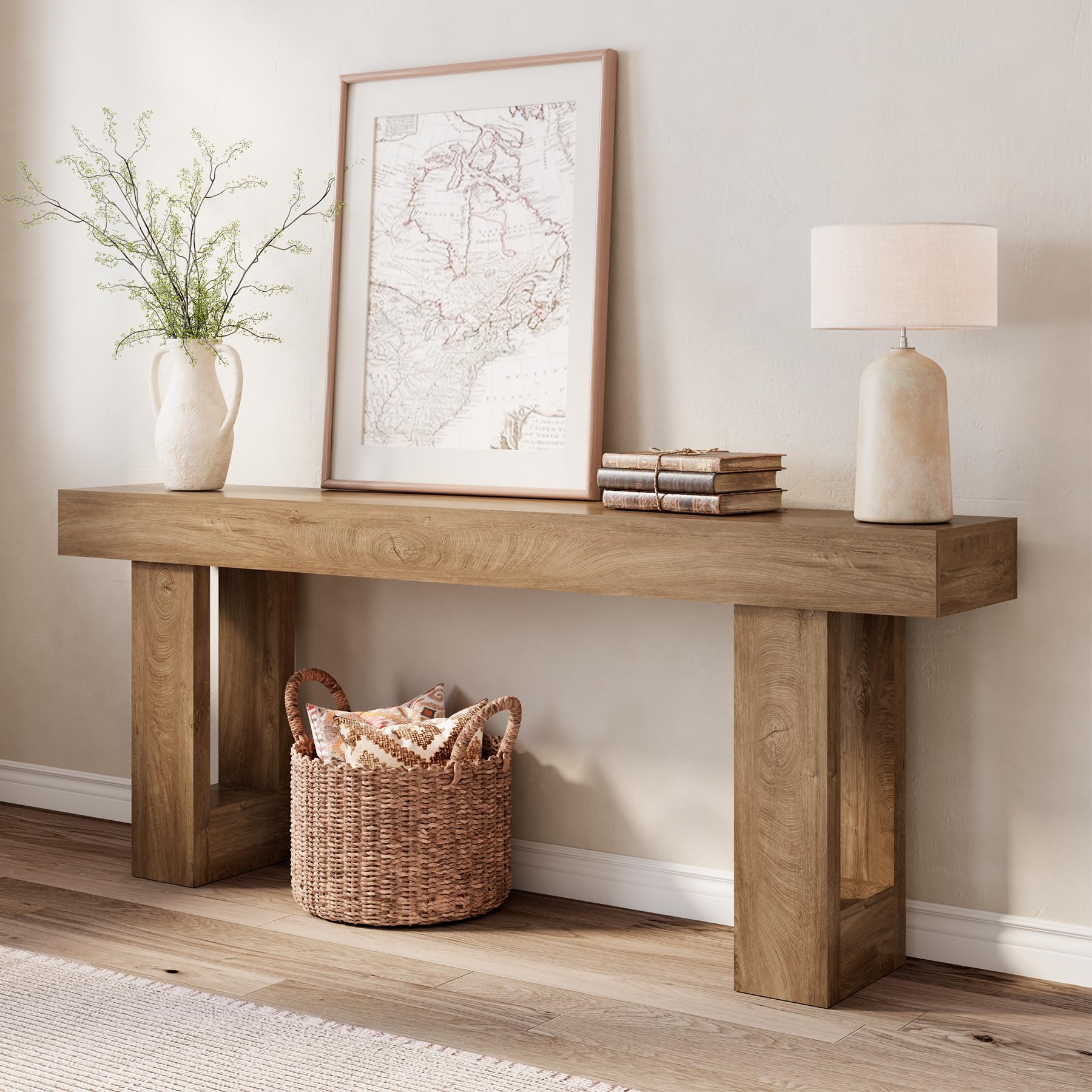 78.75" extra long console table for entryway with hollowed-out side, minimalist farmhouse entryway table behind couch, woodensofa table for living room hallway foyer, natural oak