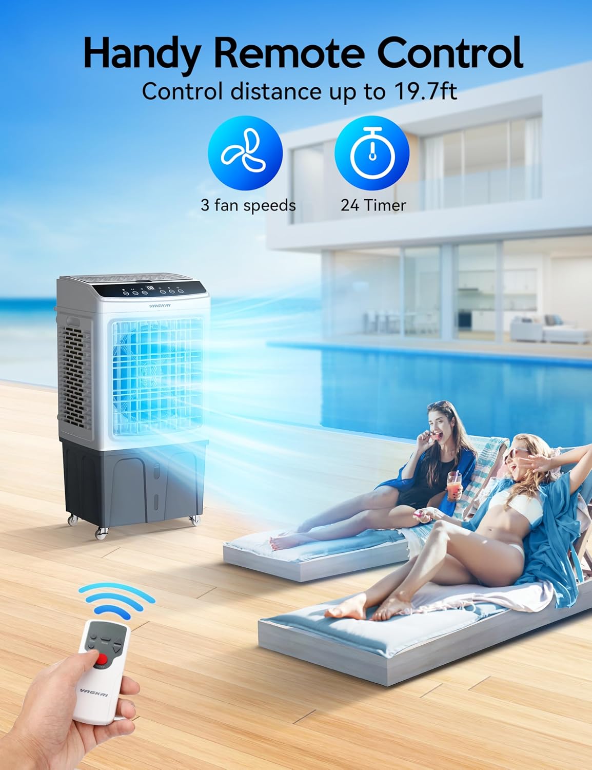 VAGKRI 35" Evaporative Air Cooler, 2800CFM Swamp Cooler, 120°Oscillation Air Cooler with Remote Control, 24H Timer, 3 Modes & Wind Speeds for Outdoor Indoor Use, 9.2Gallon