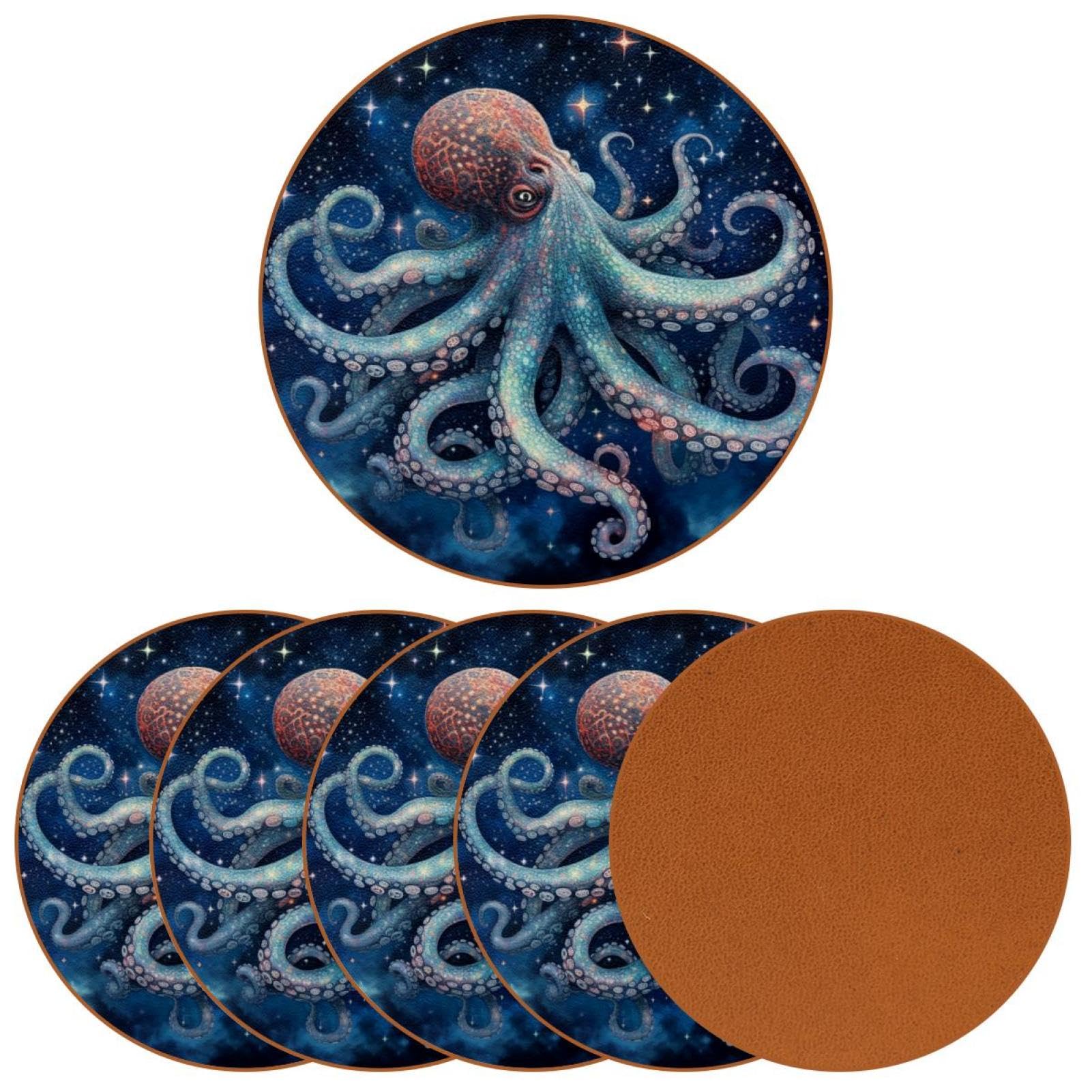 Cartoon-Galaxie-Oktopus-Untersetzer für Getränke, 6 Stück, Tisch-Schutzmatte für Weingläser, Tassen und Tassen, wiederverwendbar im Büro, Küche, Bar, 10,9 cm