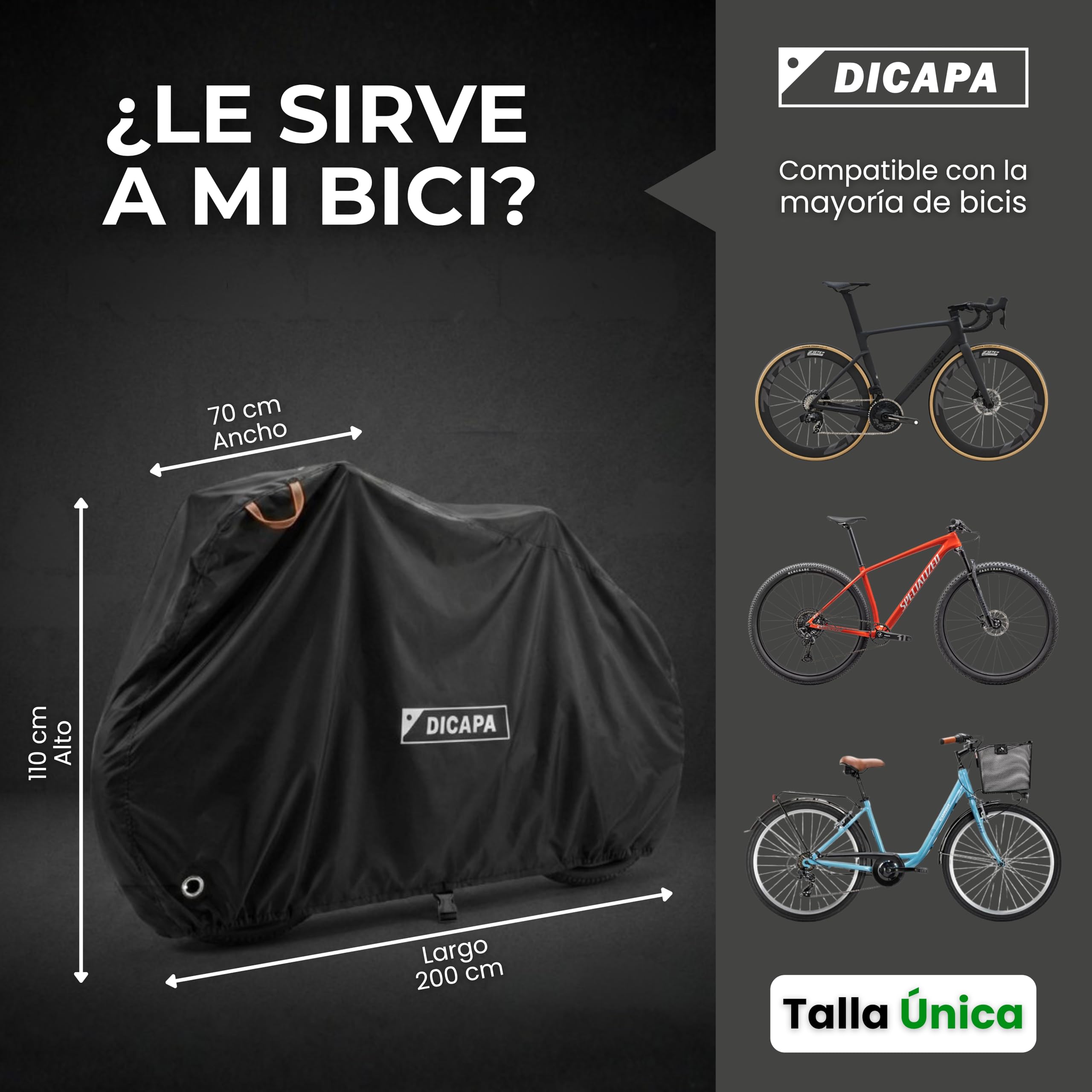 DICAPA Telo protettivo per bicicletta, impermeabile, 200 x 70 x 110 cm, con maniglie, fori di sicurezza antifurto e chiusura regolabile, materiale impermeabile e robusto.