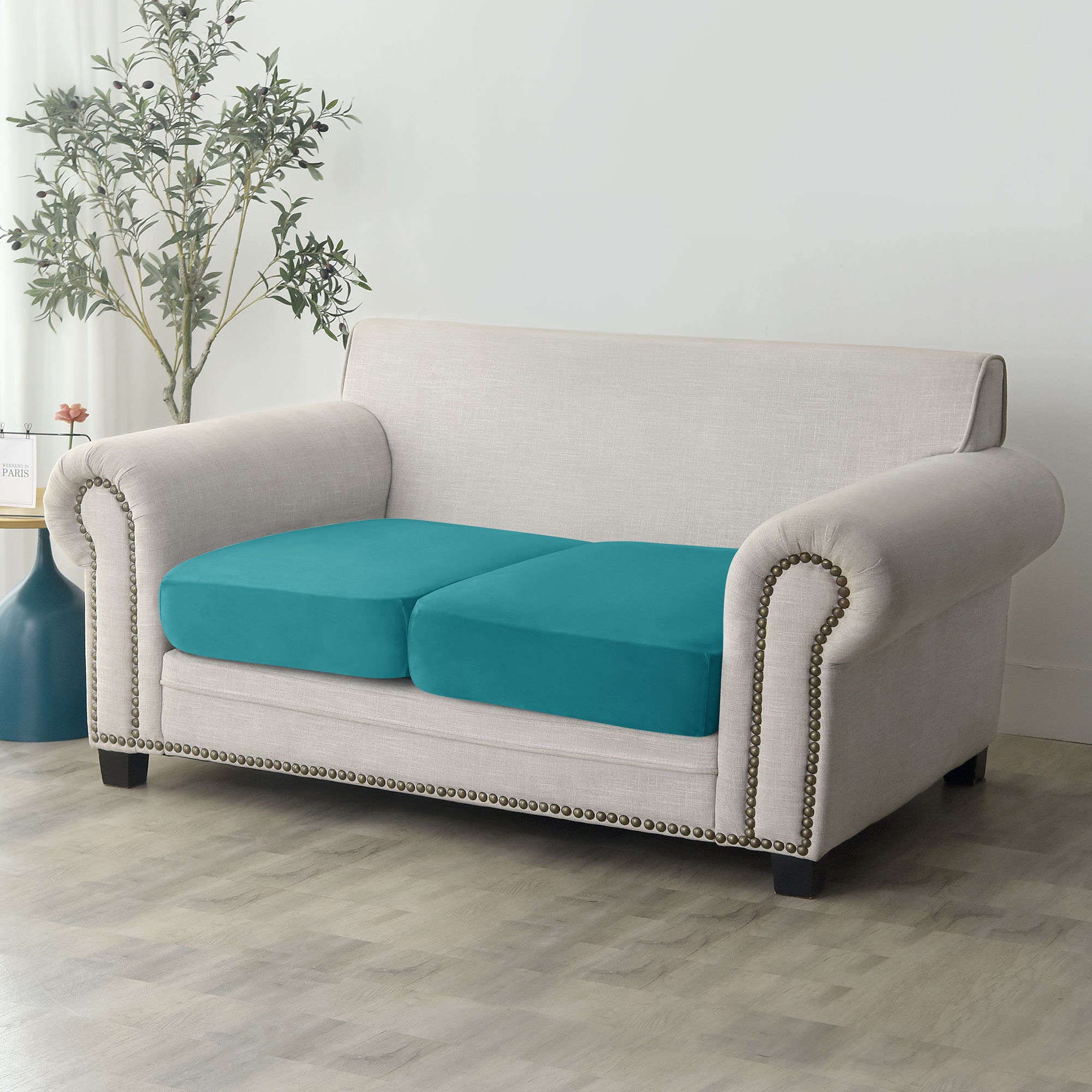 JHLD Velvet Sofa Seat Cushion Covers, Stretch Sofa Cushion Covers Elastic Couch Cushion Cover Sofa Seat Cover Removable Washable for Chair, Loveseat-Turquoise Blue-2 Piece