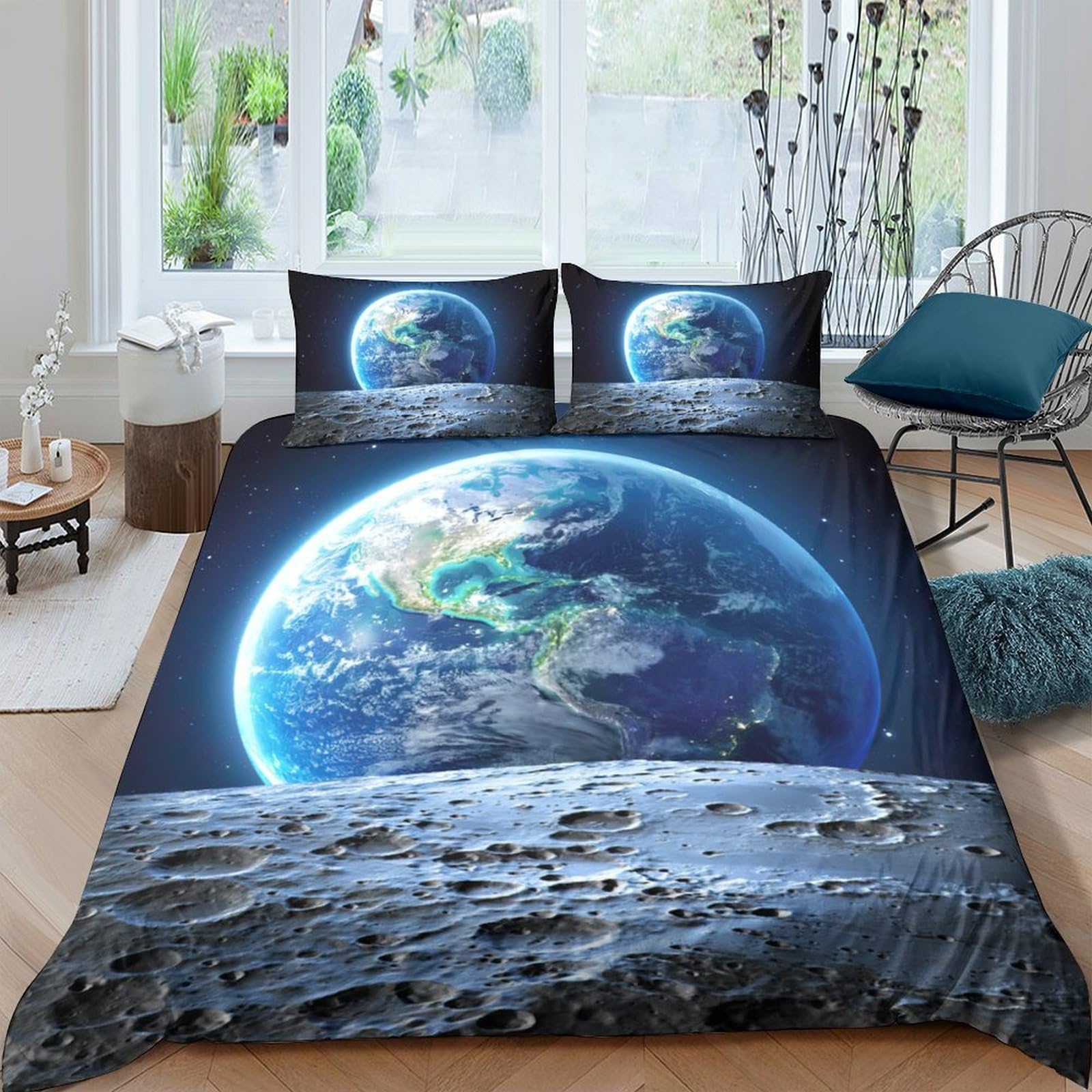 Ctjqhvkz Style-3 3D Printed Earth From Moon Fitted Sheet Microfiber Deep Blue Planet Mattress Cover For Bedroom Dorm Mattress Protection Single（135X200cm）