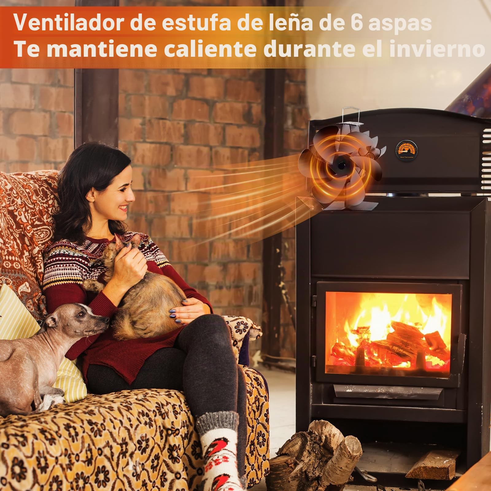 Ventilador de chimenea,Ventilador de estufa de 6 palas,con termómetro magnético y Guantes,Circulación de Aire Caliente,Ventilador no eléctrico,para leña/leña/chimenea para estufas de leña.