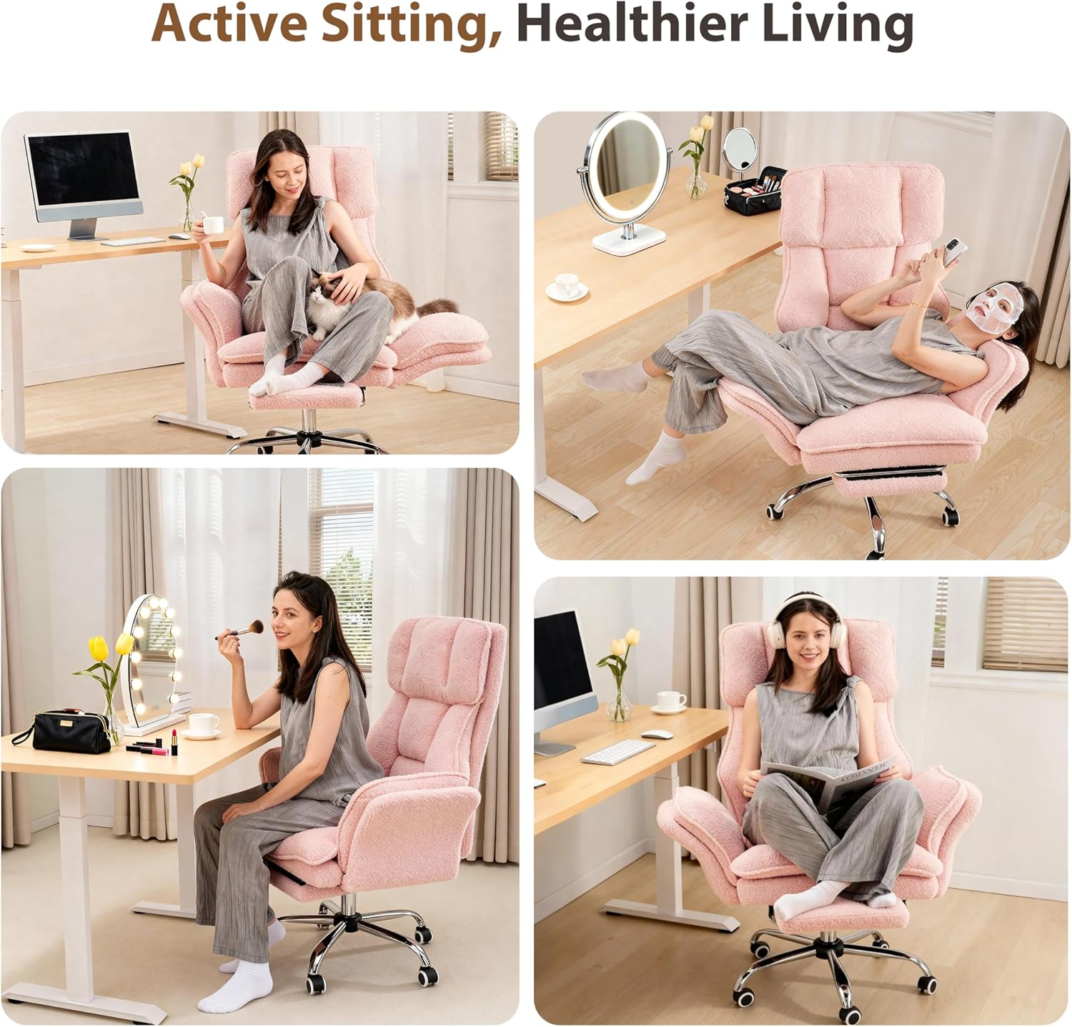 Four images showing different sitting positions in the HOMRELEXA BGY01 office chair, including working, relaxing with a pet, applying makeup, and sitting cross-legged.