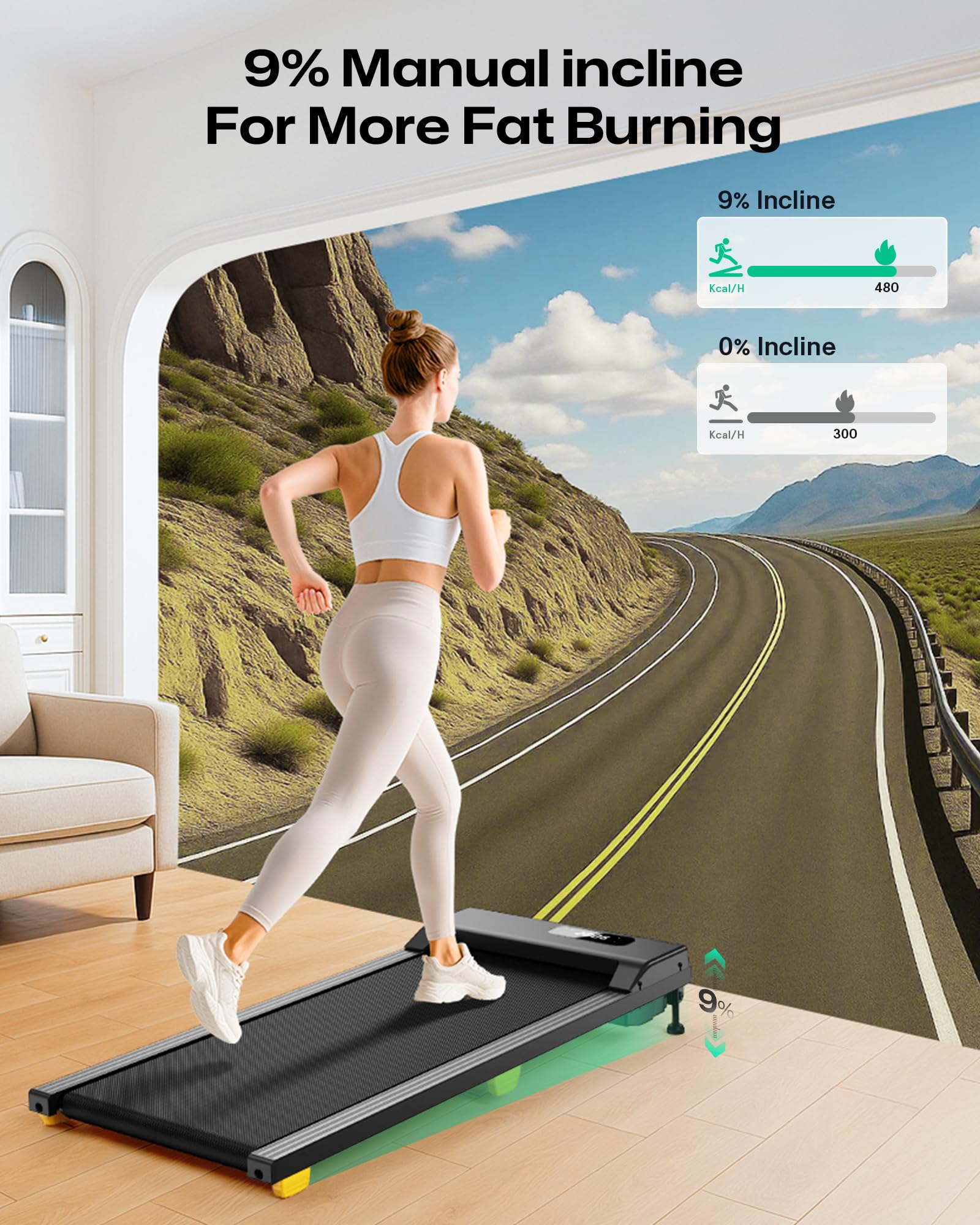 UREVO Walking Pad mit 9% Steigung, leises Laufband Schreibtisch mit Sechs-Punkt-Stoßdämpfung, ‎2,5 Pferdestärken Laufband für Zuhause/Büro, Fernbedienung, Keine Montage Erforderlich