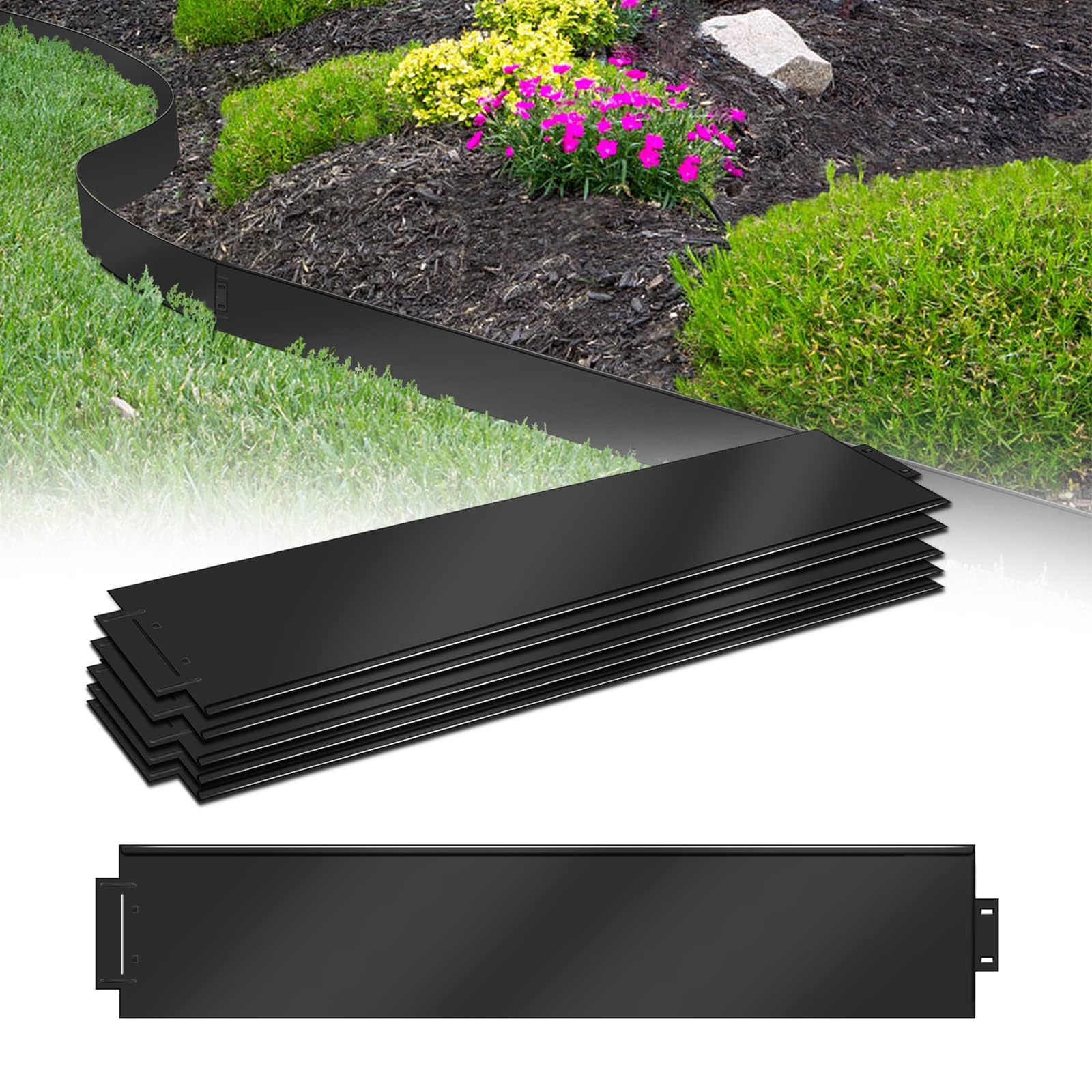 XMTECH 5m Rasenkante Metall Verzinkt Beetumrandung, 15cm Höhe Beeteinfassung Mähkante Palisade, 5 Stück 100cm x 15cm (L x H) Rasenkante Verzinkt, Schwarz