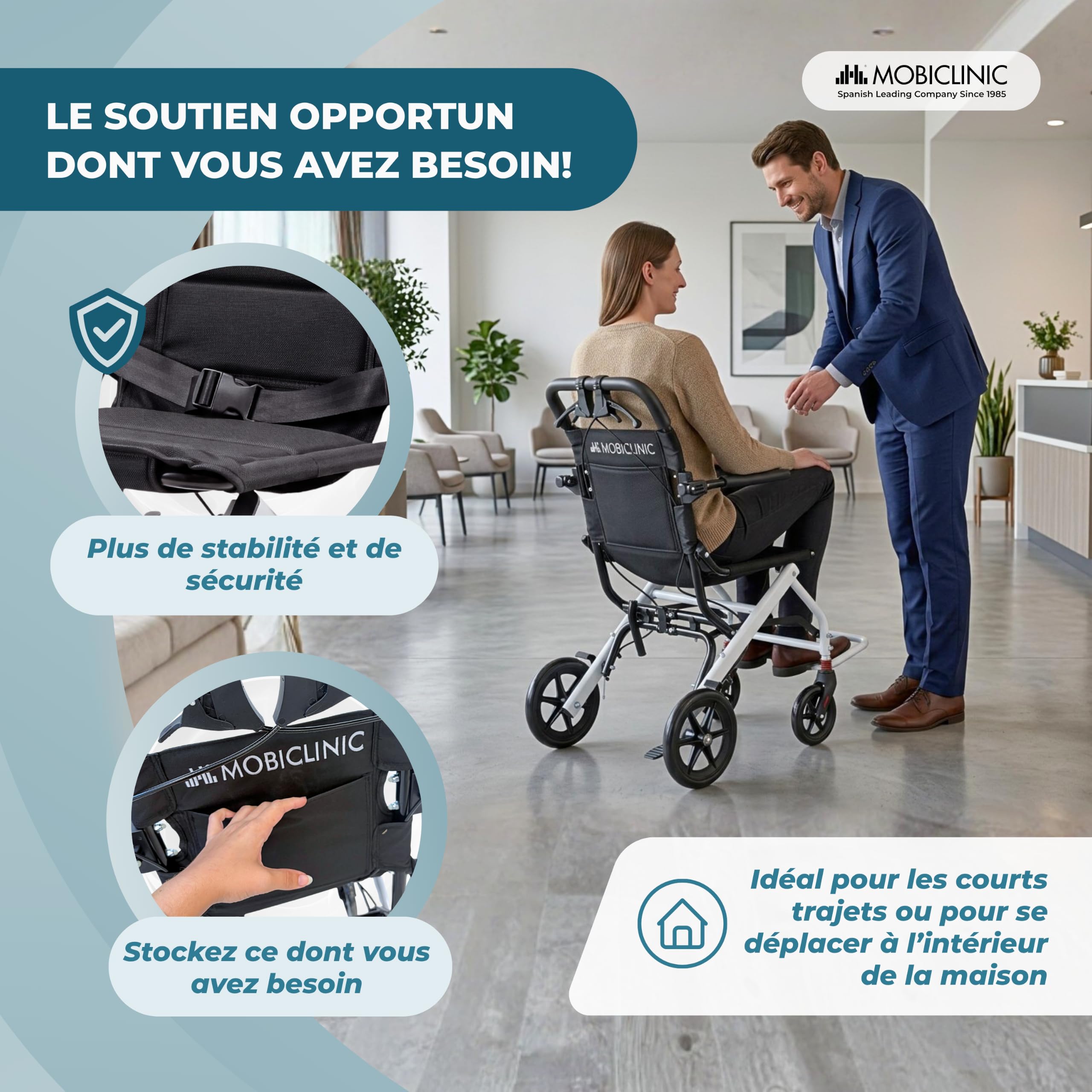 Mobiclinic®, Fauteuil Roulant de Transit, Pliable, Courts Trajets