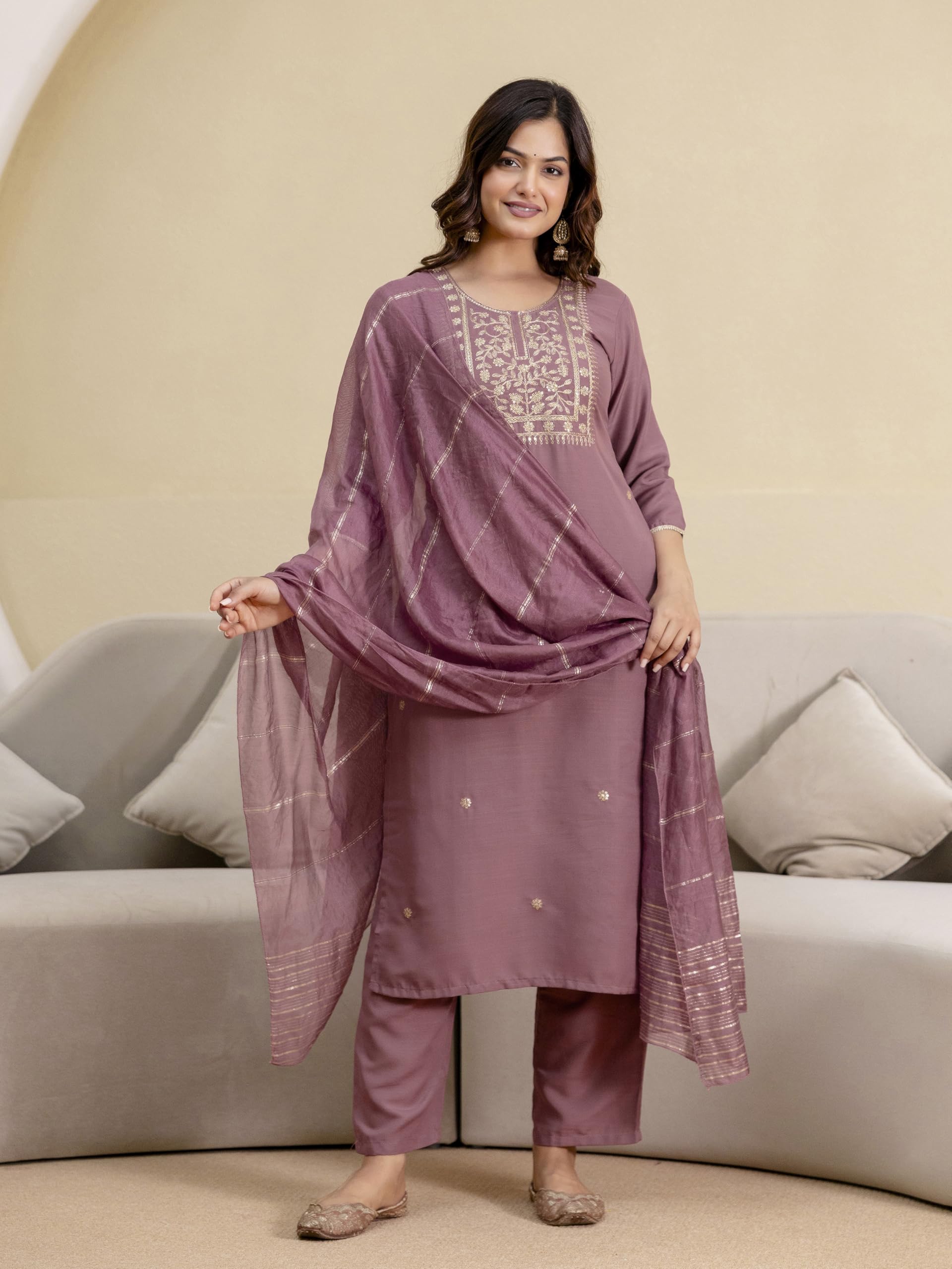 TRENDMALLS Damen Batist Baumwolle Stickerei Arbeit Kurta Hose mit Dupatta Set