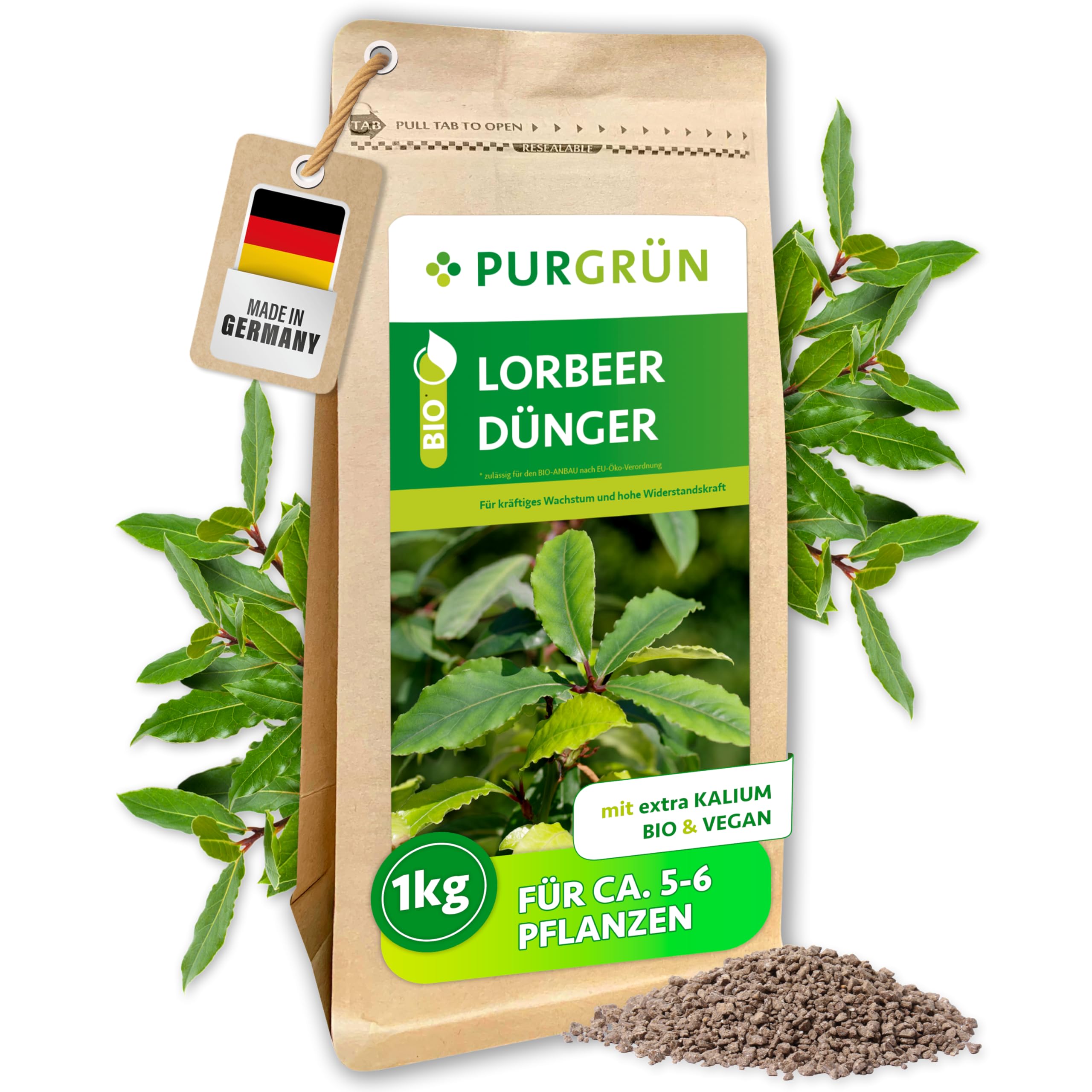 Bio-Lorbeer-Dünger 1 kg – Rein natürliche Rezeptur – Feines Krümelgranulat – NPK 6+2+7 – Extra Magnesium für leuchtend grüne Blätter – Verbessert die Bodenqualität - Für bis zu 6 Pflanzen