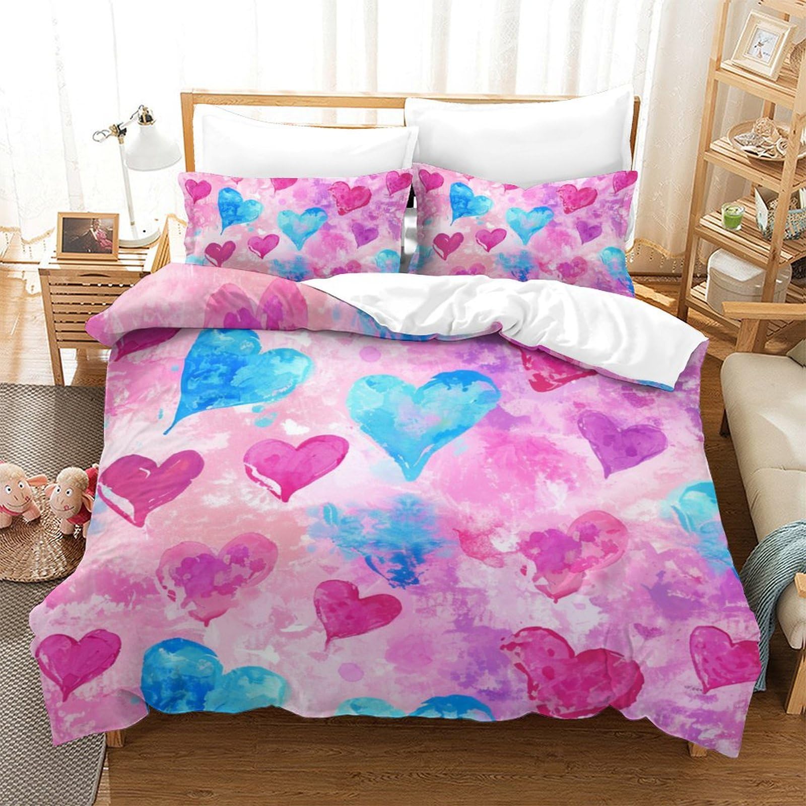 Housse de couette Amour parure de lit 3 pièces microfibre 200x200cm pour adulte et enfant