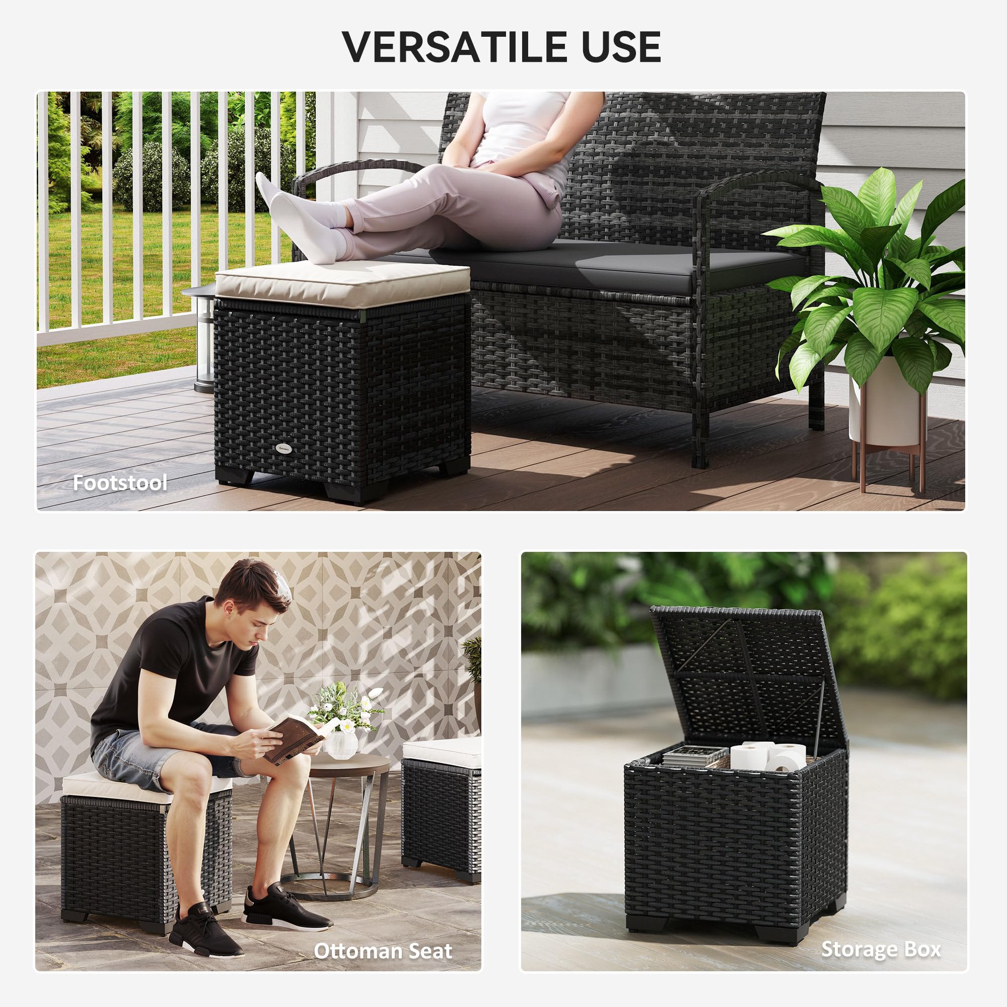 Outsunny Juego de 2 otomanas de mimbre para almacenamiento, reposapiés para exteriores con cojines extraíbles, asiento de almacenamiento de jardín para balcón, porche, sala de estar, color blanco