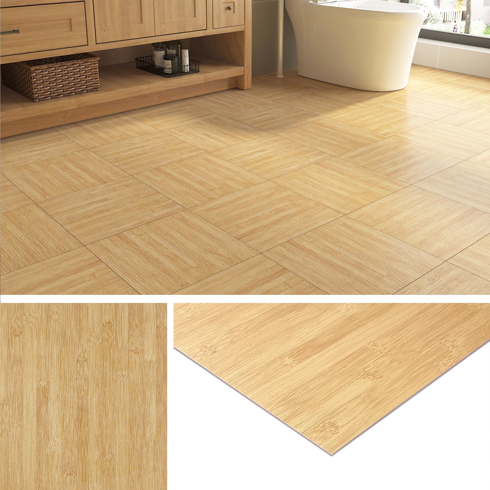 Livelynine Suelo Vinilo Autoadhesivo Baño Madera Claro Baldosas Adhesivas Suelo Cocina 30x30CM 16 Baldosas Resistente al Agua Suelos Vinilico Autoadhesivo Efecto Madera Bambu Interior Salon Pasillo