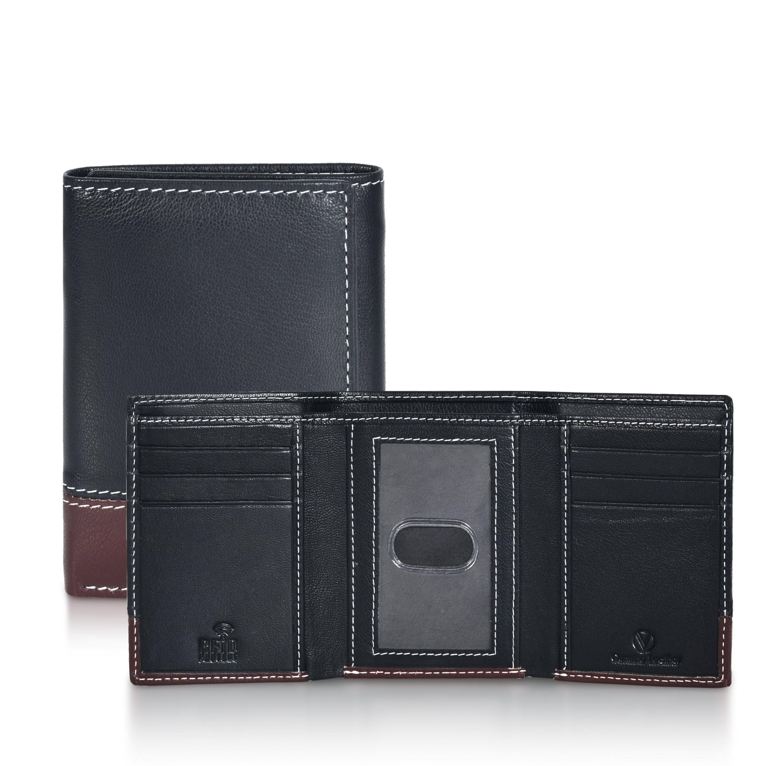 Genuine Leather Mens RFID Blocking Slim Trifold Wallet with 6 Cards+1 ID Window + 2 Note Compartments, Brn/Tan Nappa
