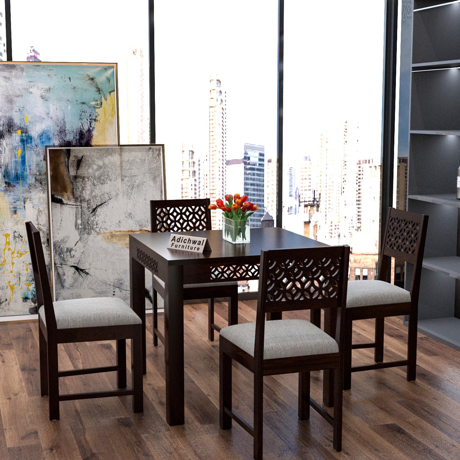 Adichwal Furniture Solid Sheesham Wood 4 Seater Dining Table Set with Cushioned Chairs for Dining Room | Living Room | Home & Office | Hotels Restaurant & Cafe (4 Seater, Walnut A)
