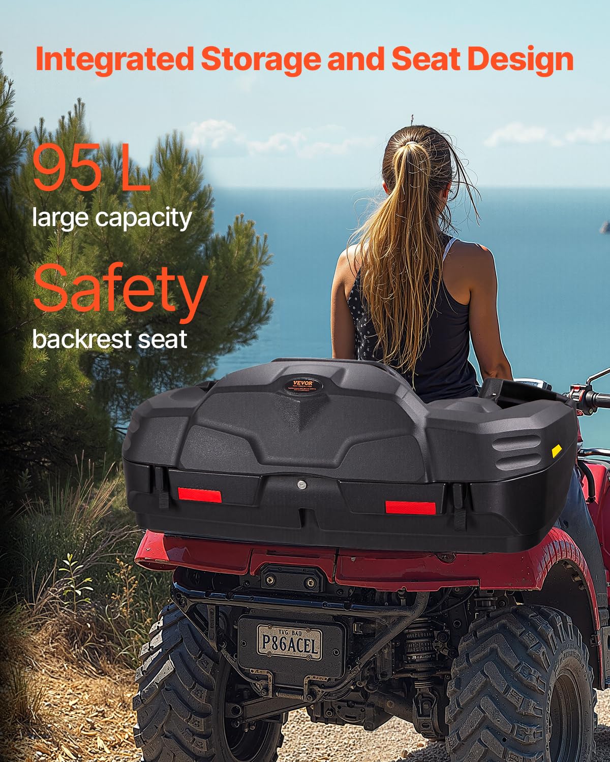 VEVOR ATV Rear Storage Box and Lounger, 95L ATV Cargo Box with Seat & Backrest, Waterproof LLDPE & Lockable Lounger Storage Box Fit Most ATVs with Rear Rack, Compatible with ATV, UTV, Can-Am Vehicles