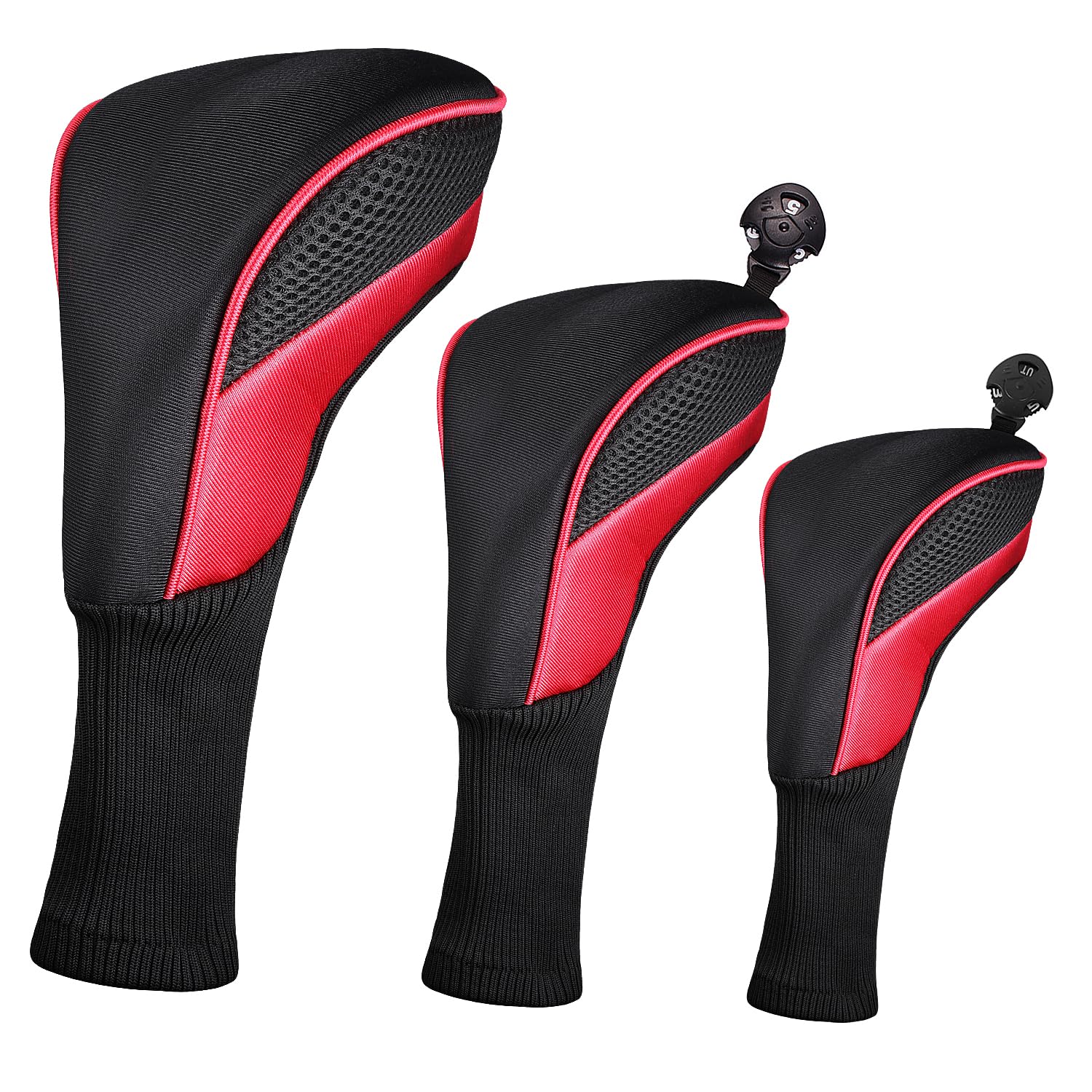 SHABIER 3Pcs/Set Golf Wood Club Headcover Golf Driver Fairway Hybird Wood Cover (Black&Red)