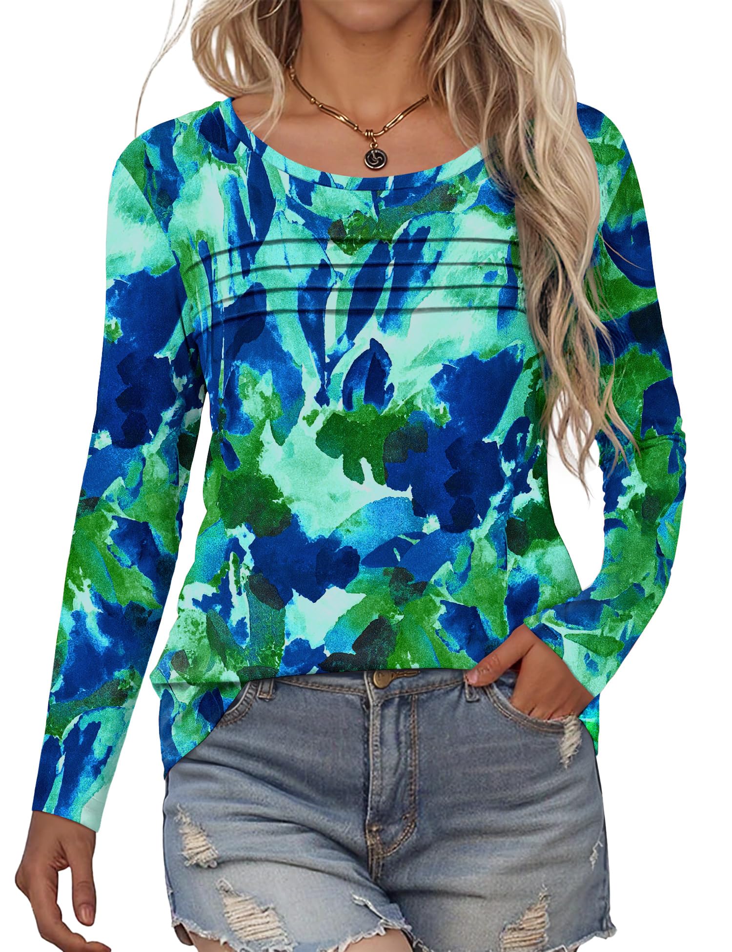 Rapbin Langarmshirt Damen Rundhals Pullover Herbst Winter Falten Sweatshirt Lässig Bluse Elegant Locker Oberteil Blumen Tunika Shirts