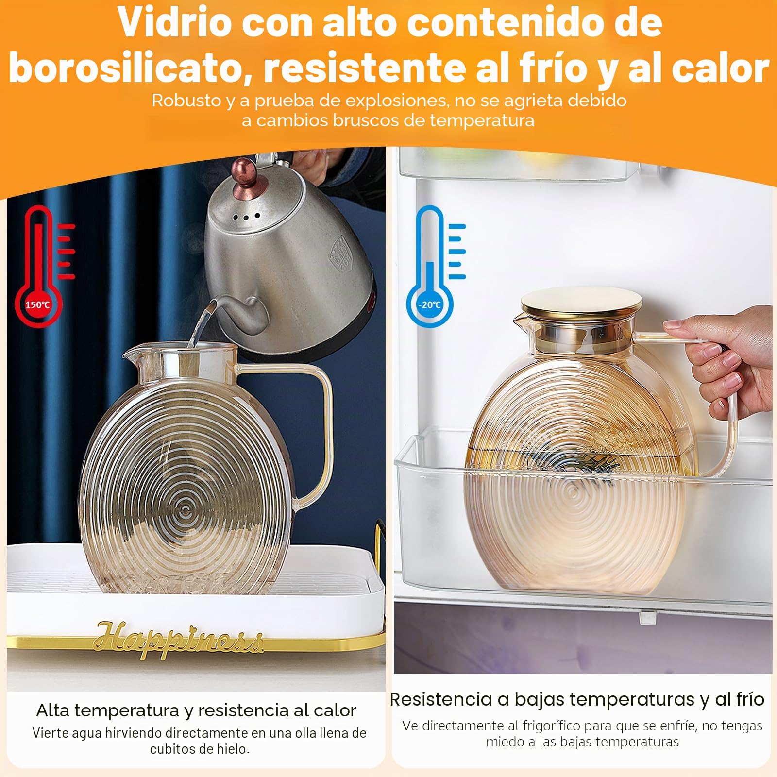 Jarra de agua de 2,2 litros de vidrio de borosilicato, jarra de agua con tapa de acero inoxidable, a prueba de fugas para bebidas caseras/café/leche/té helado/vino/jugo