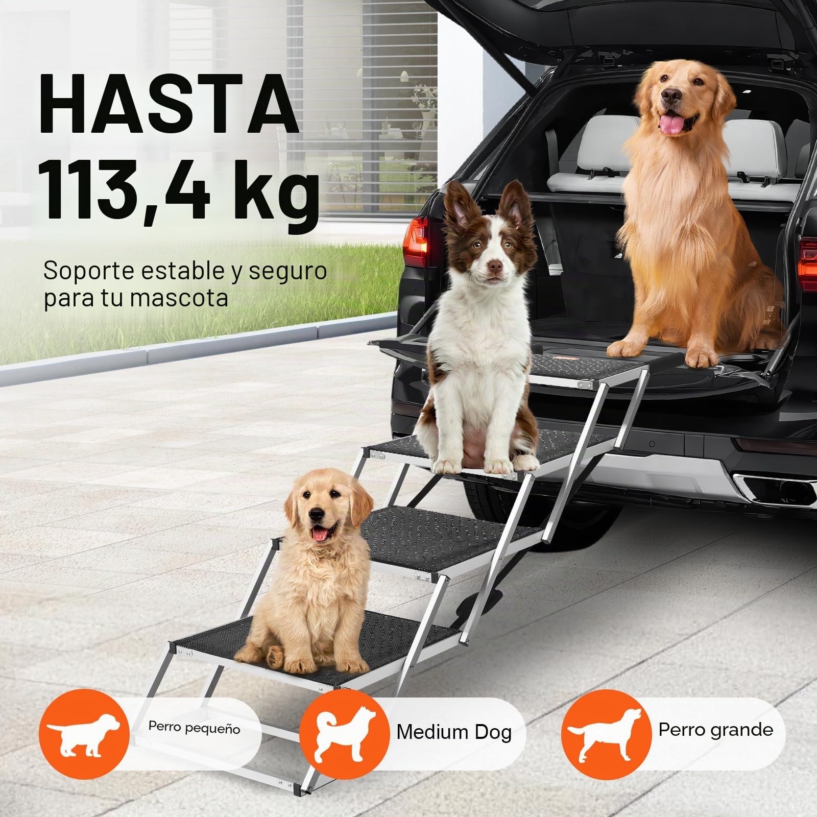 VEVOR Escaleras para Perros para Coche de 4 escalones, Carga de 113 kg Rampa Plegable para Perros de Aluminio Ligero con Superficie Antideslizante Escalones Portátiles de Mascotas para Coche y Camión
