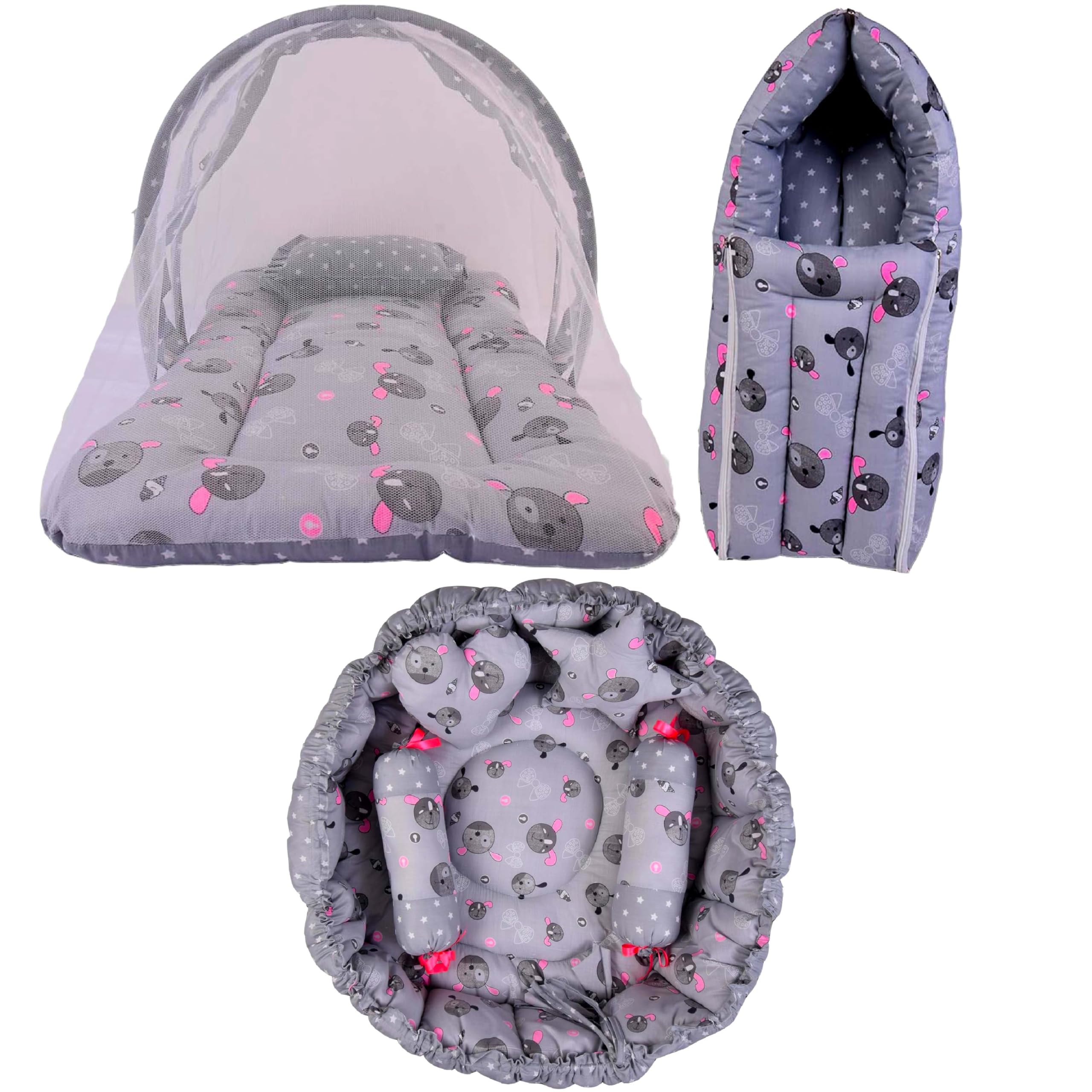 Kwitchy Baby Bed New Born Baby Bedding Set | Mattress | Cotton | Sleeping Bags | Essential | Reversible Nest | Mosquito Net | Bed Combo | Gift Packs (Grey, 0-6 Months) (3PCS Set)