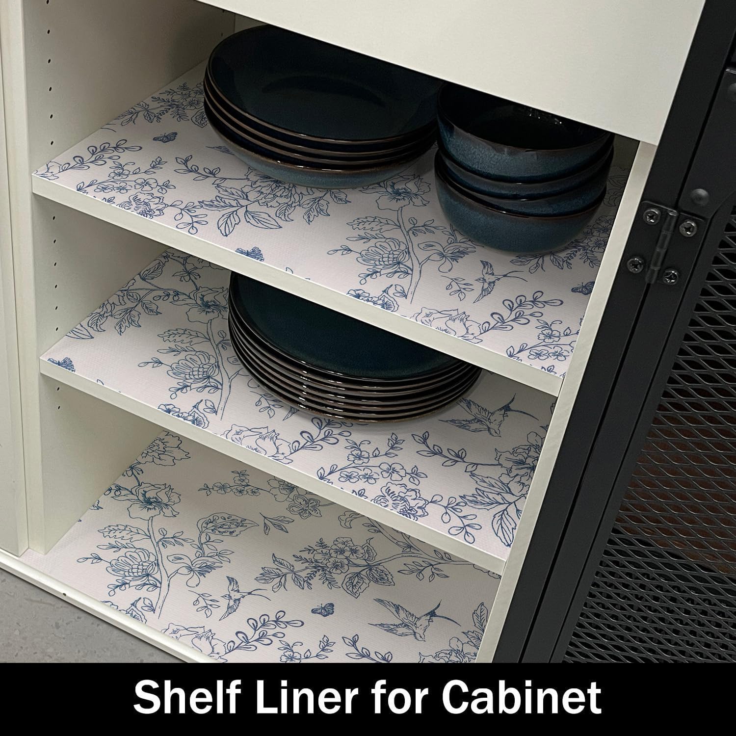 White and Bluer Bird Floral Drawer Liner, 24IN x 10FT, Non-Adhesive and Strong Non-Slip Floral Shelf Cabinet Drawer Liners for Kitchen, Waterproof Cupboard Liners,Easy to Clean