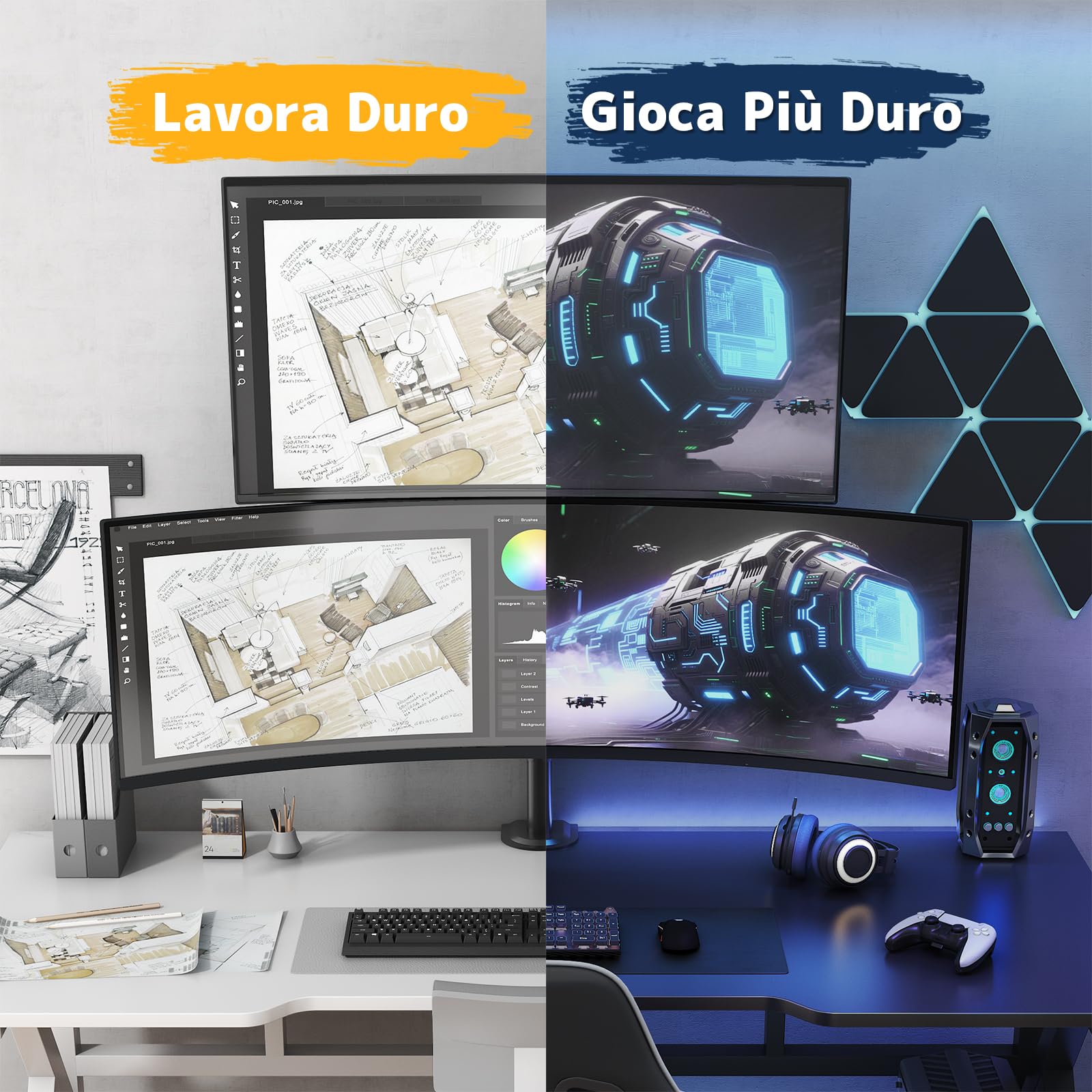Supporto Monitor per 2 Schermi 17-49 Pollici – Braccio Doppio Regolabile in Altezza, VESA 75x75 & 100x100, Inclinabile, Ruotabile, Salvaspazio, Nero