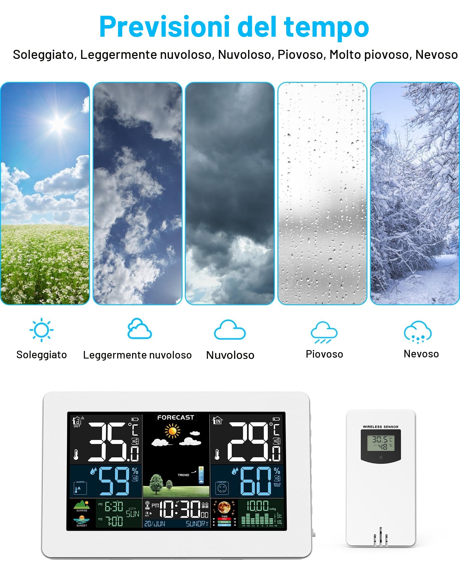 Stazione Meteo con Sensore Esterno Display a Colori Temperatura Umidità Pressione dell'Aria Bianco