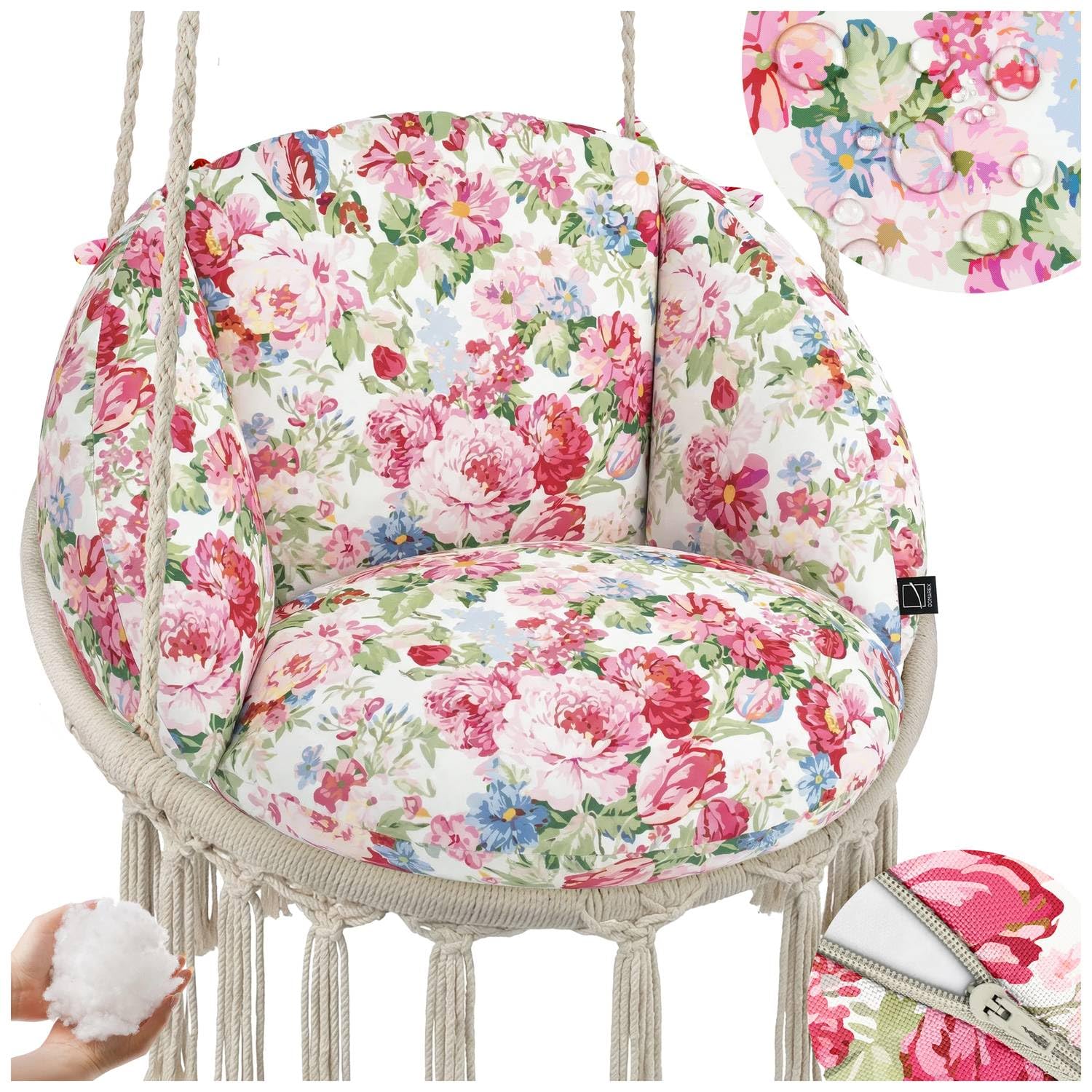 Wasserdichtes Kissen für Hängesessel Nestschaukel mit Reißverschluss, Bequeme Gartenkissen Auflage für Hängekorb Outdoor, Handgefertigte Sitzauflage, Anti-Allergisch und Extra Dick, Sweet Peony