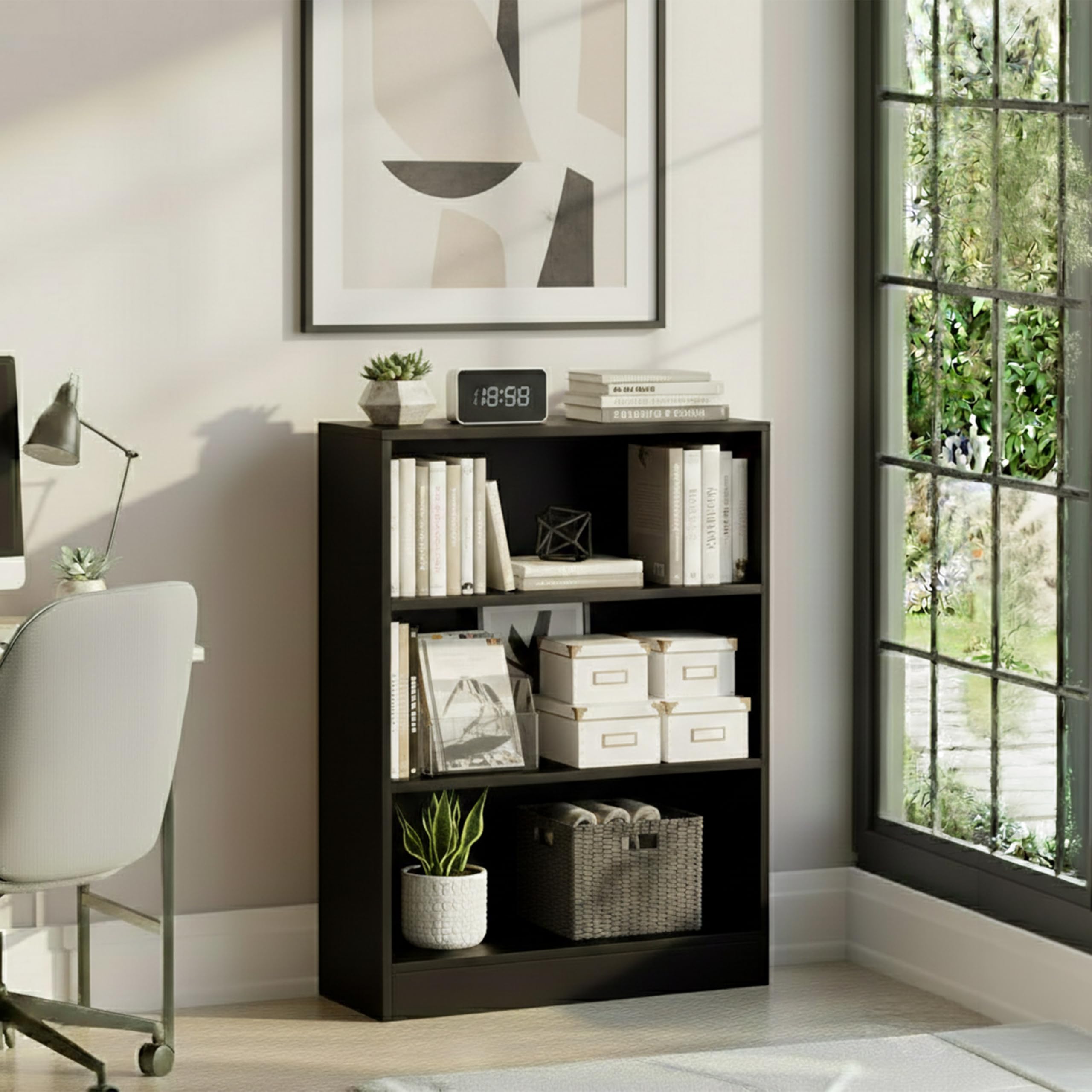Vida Designs Cambridge Bücherregal mit 3 Ebenen, niedrig, schwarz, Holz-Regaleinheit für Büro, Wohnzimmermöbel