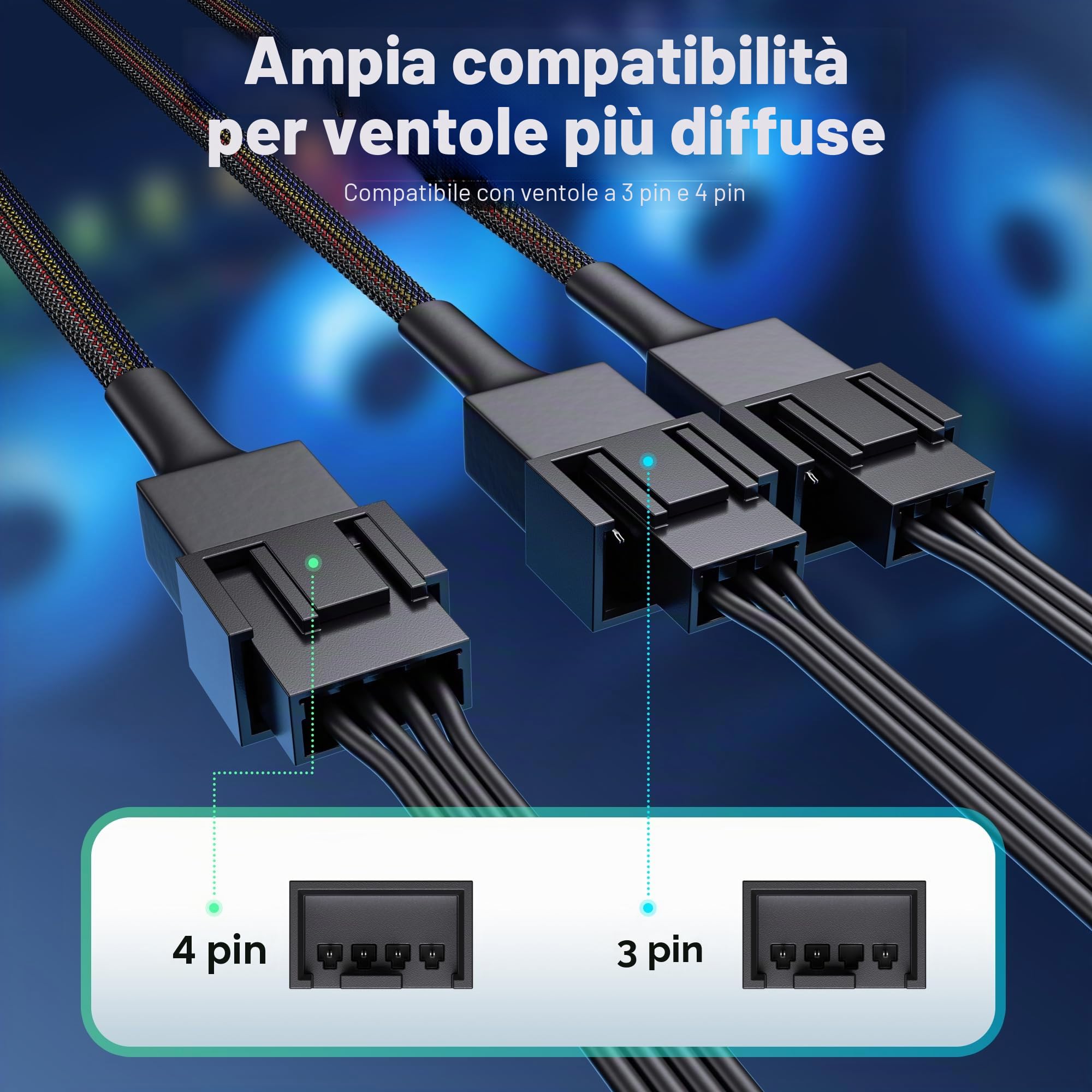 Cable Matters Confezione da 2 cavi splitter PWM a 4 pin, 30 cm, 3 cavi splitter per ventola del computer, cavo splitter per ventola PC, cavo splitter per 3 ventole