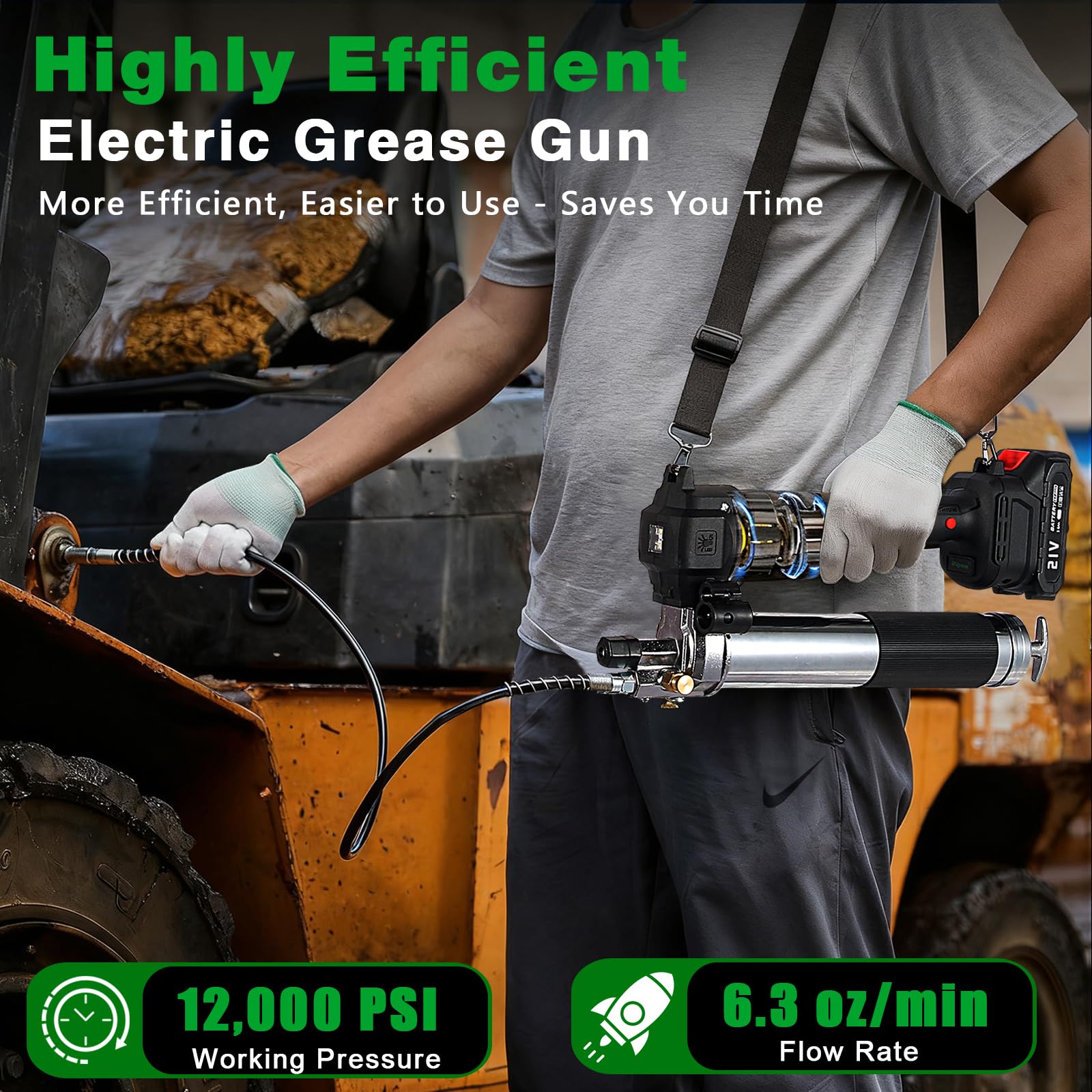 Wayona Pistola de grasa inalámbrica de 10000 psi, kit de pistola de grasa eléctrica con 2 baterías recargables, manguera flexible de 39.4 pulgadas, luz LED, cargador rápido, color negro