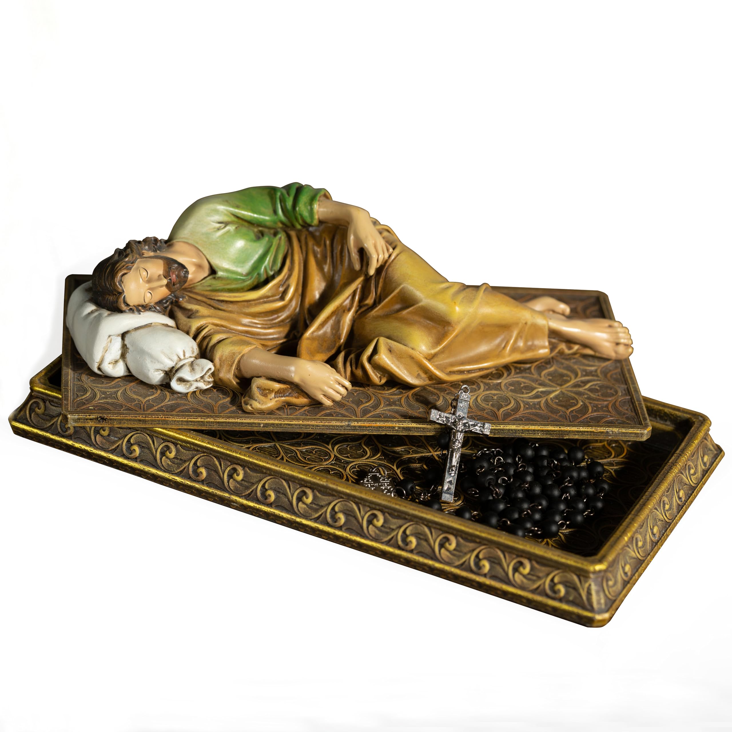 BC Catholic Sleeping St.Joseph Statue, with Case Base, Patron Saint Religious Figure Gift, Holder for Rosary, Inspirational Home Decor 8.8 inches L, Handmade by Buildclassic (Full Color)