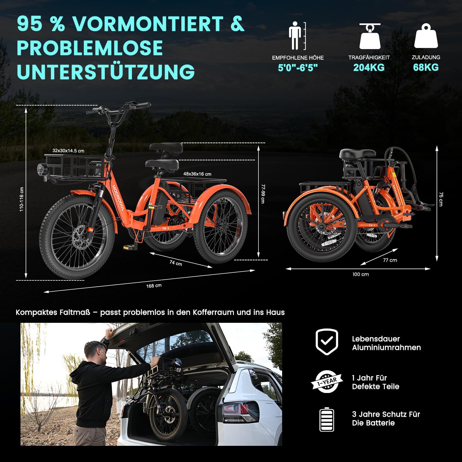 MOONCOOL E Bike Dreirad Klapprad, 20" Elektrofahrräder für Herren Damen, 36V 20AH Akku, 250W Motor 45 Nm, LCD-Display, IP65 Wasserdicht, 3 Fahrmodi, mit Großen Körben & Fußstützen