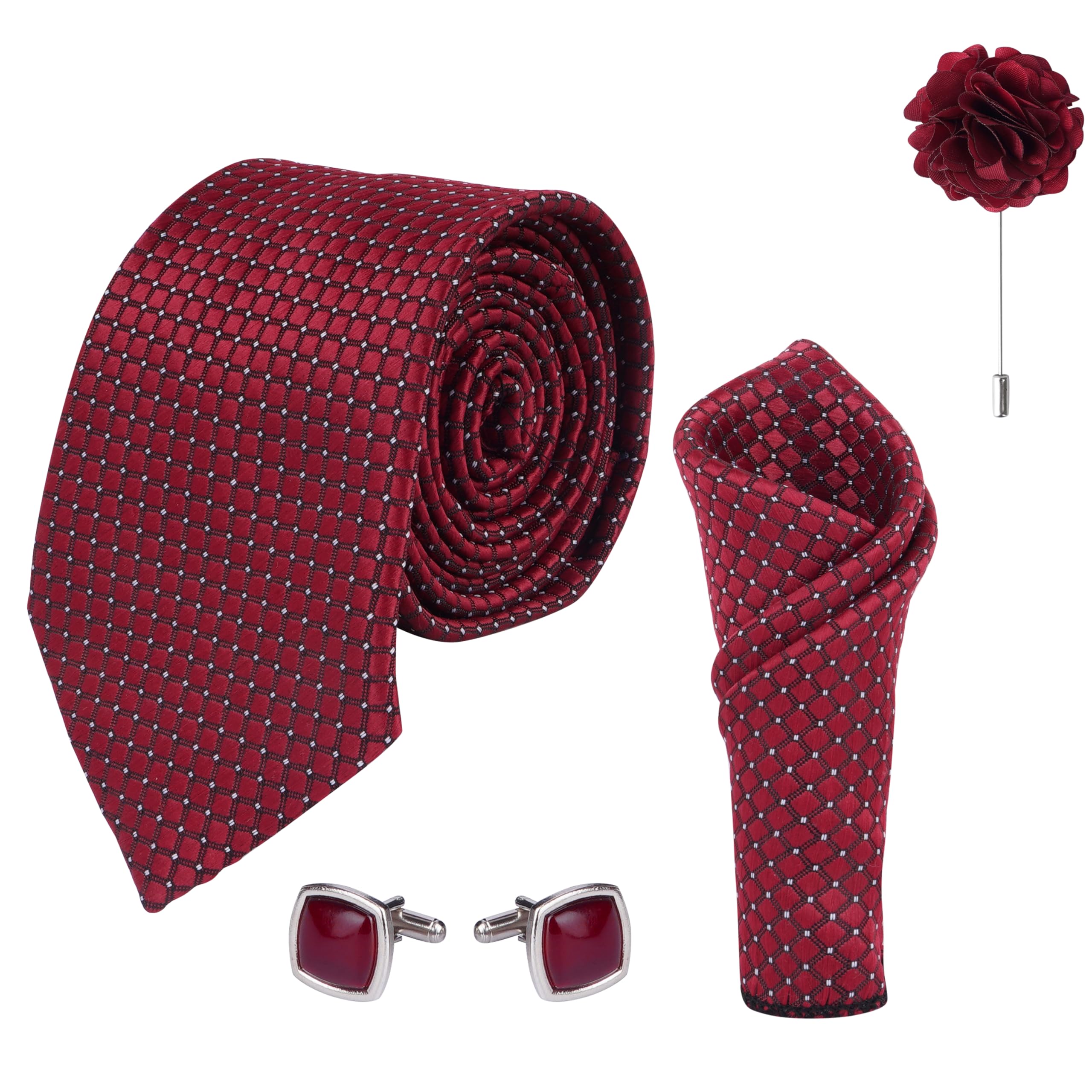 calixto Men's Red Microfibre Italian, Floral Printed Necktie Tie With Pocket Square,Lapel Pin,Cufflinks (Leatharite Gift Box) (Pack of 4)-picture-18